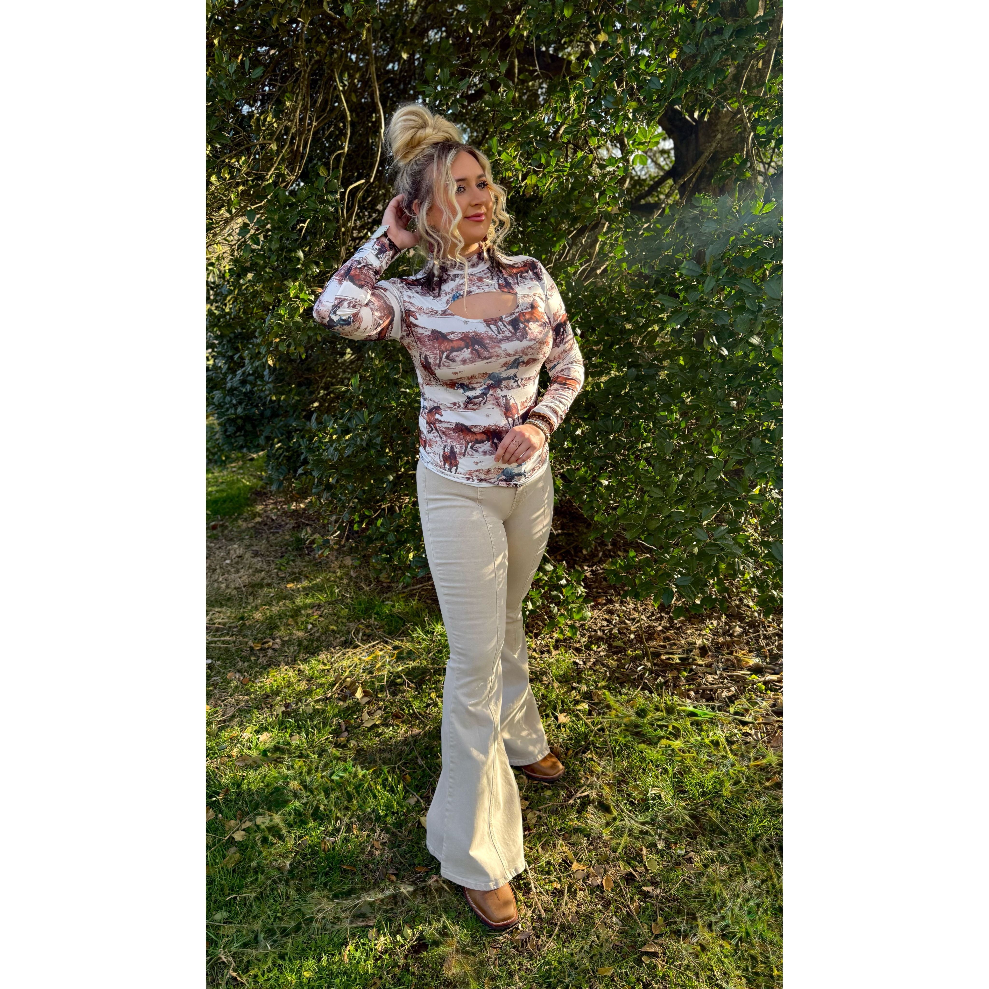 Wild Horses Long Sleeve Keyhole Top