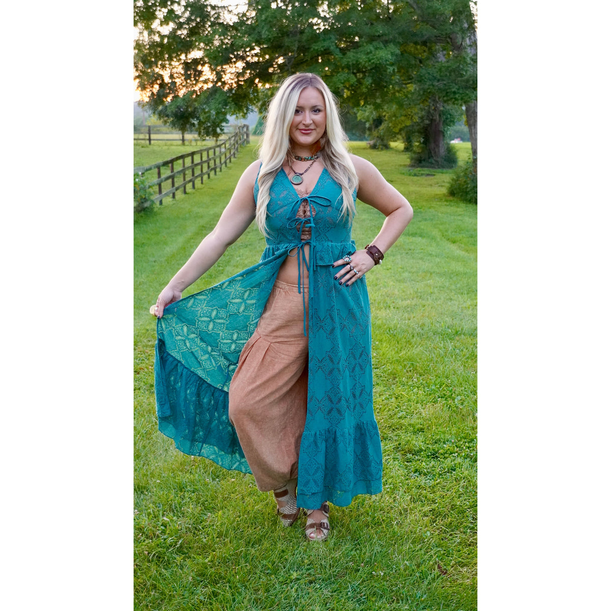 Teal Floral Lace Ruffled Tie Front Maxi Top