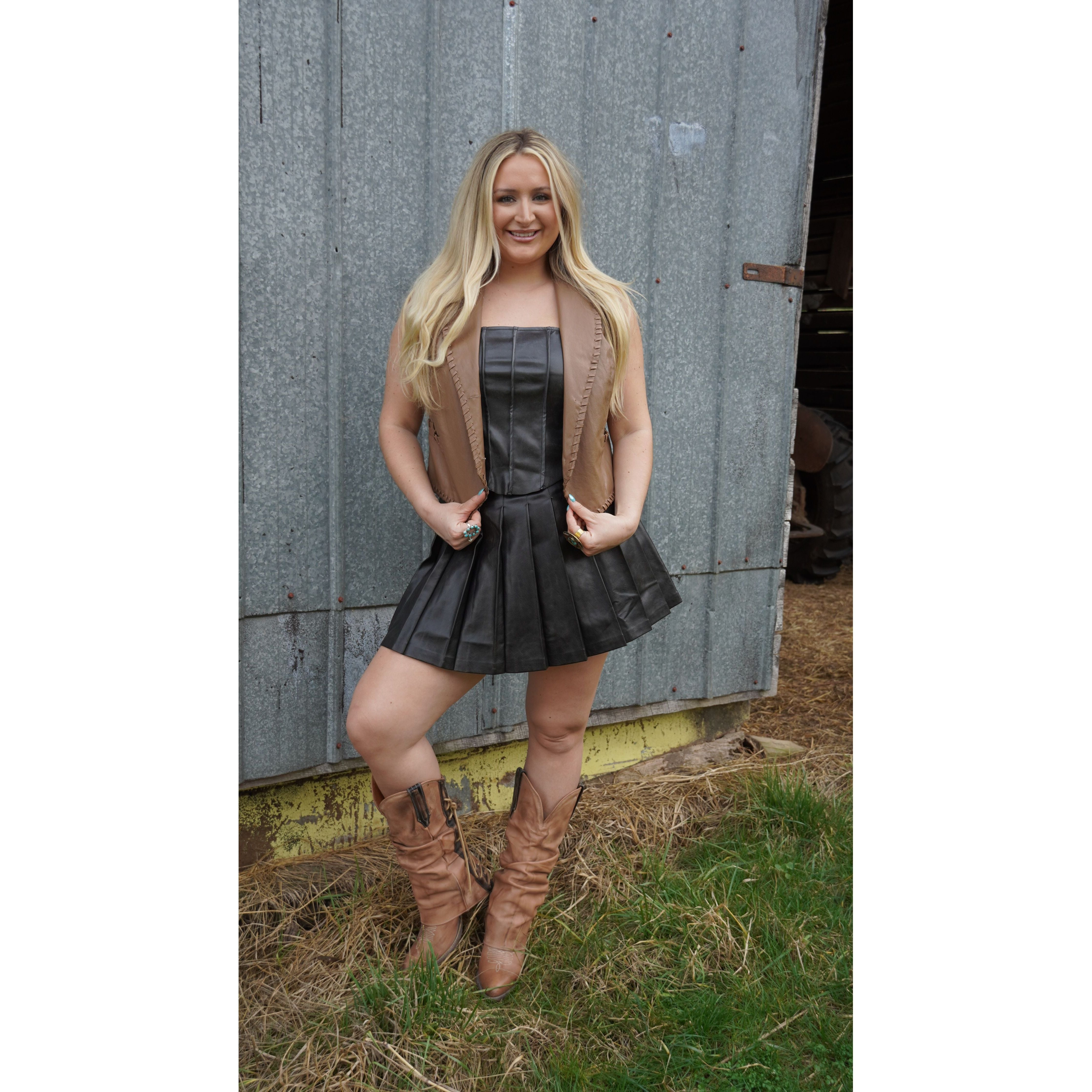Faux Leather Black Pleated Skirt