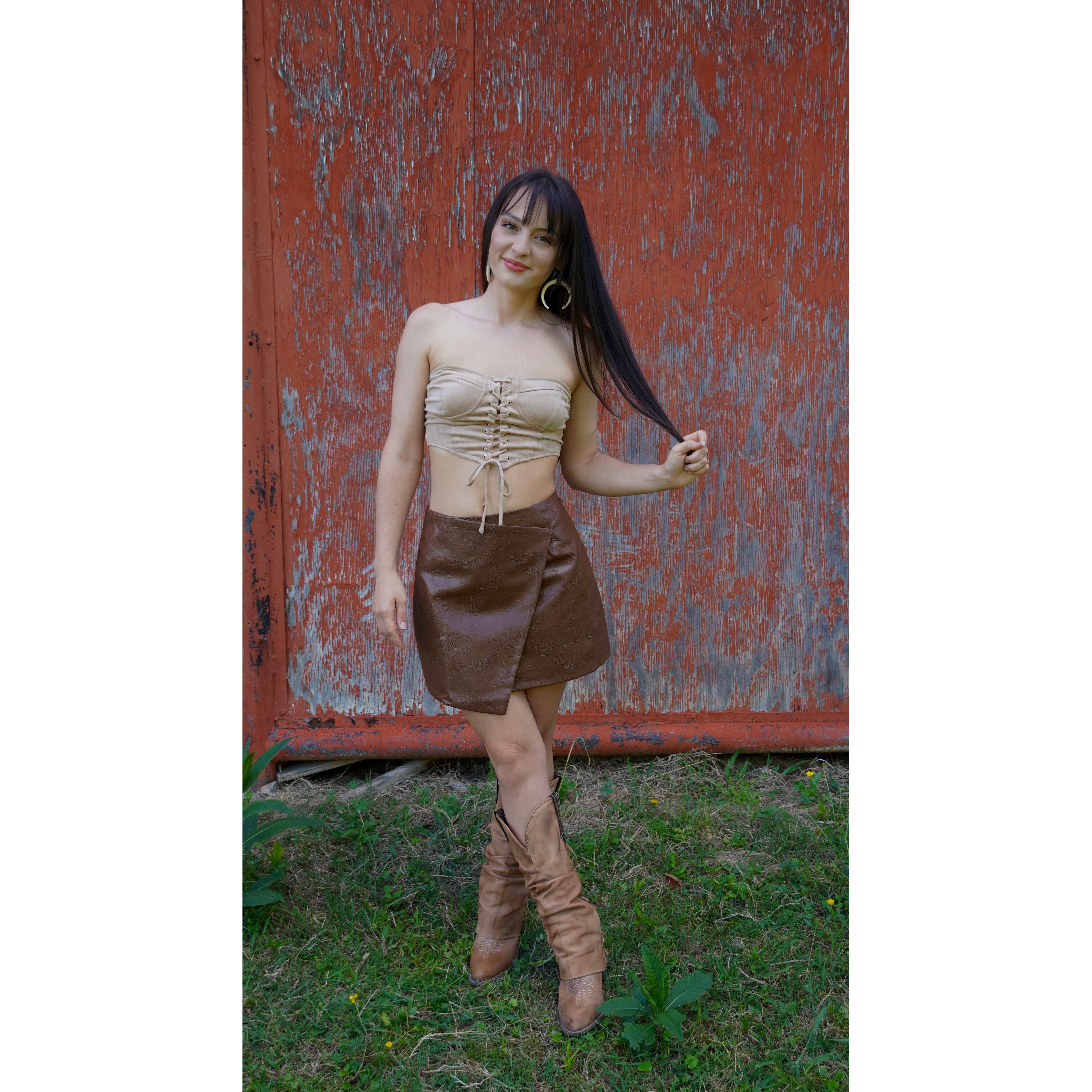 Floral Tooled Leather Like Wrap Skort
