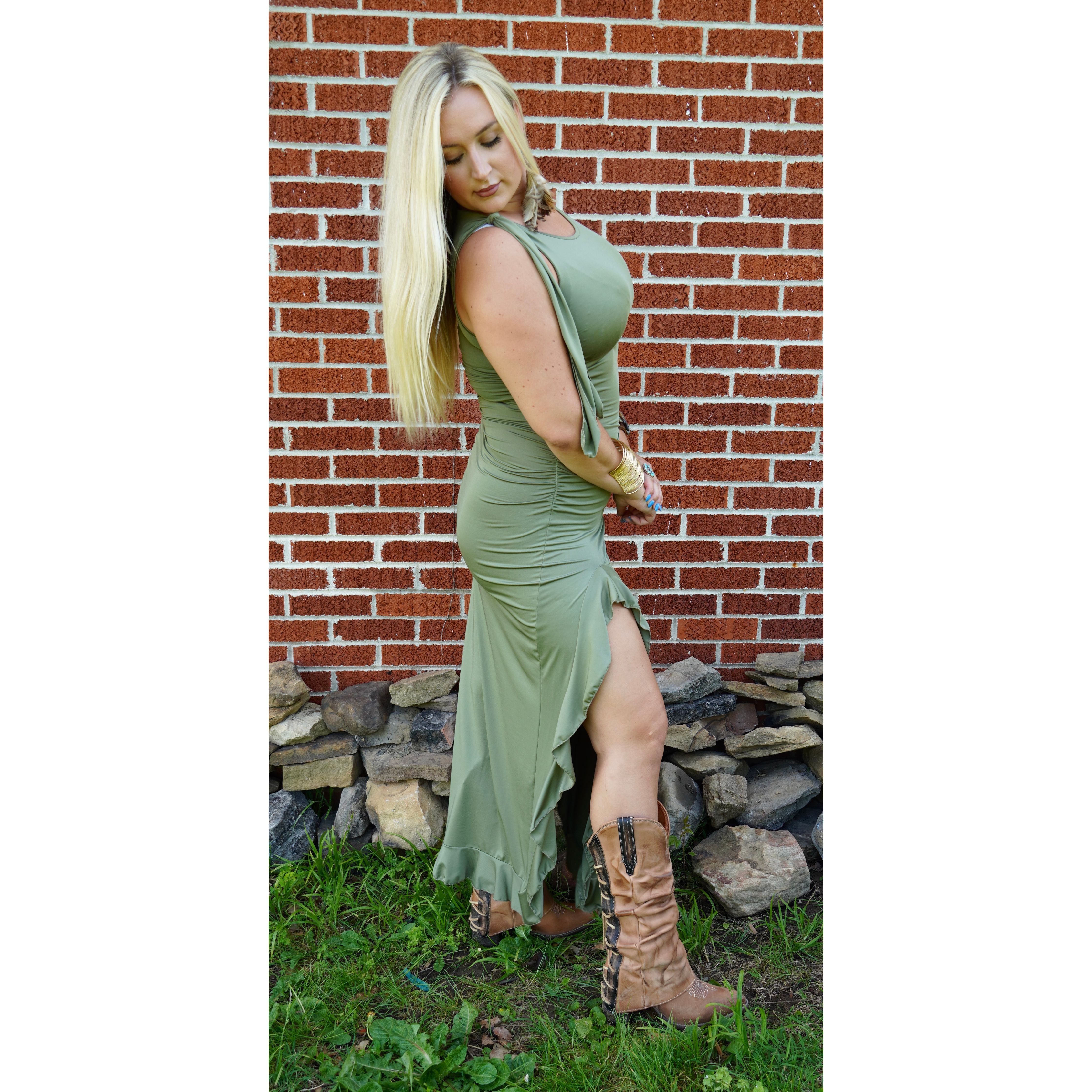 Western Cowgirl Ruffled Slit Olive Green Dress