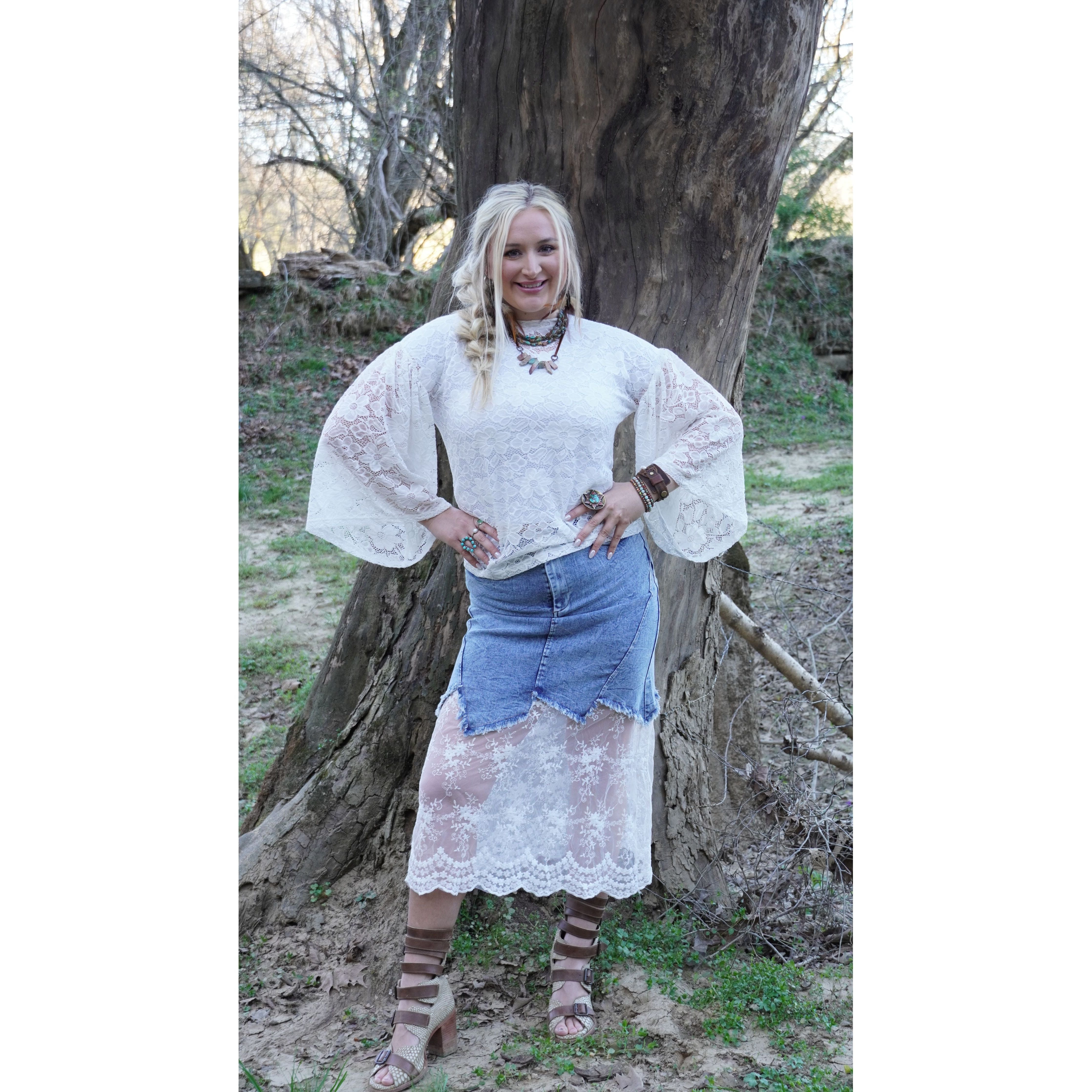 White Lace Daisy Bell-sleeve Top