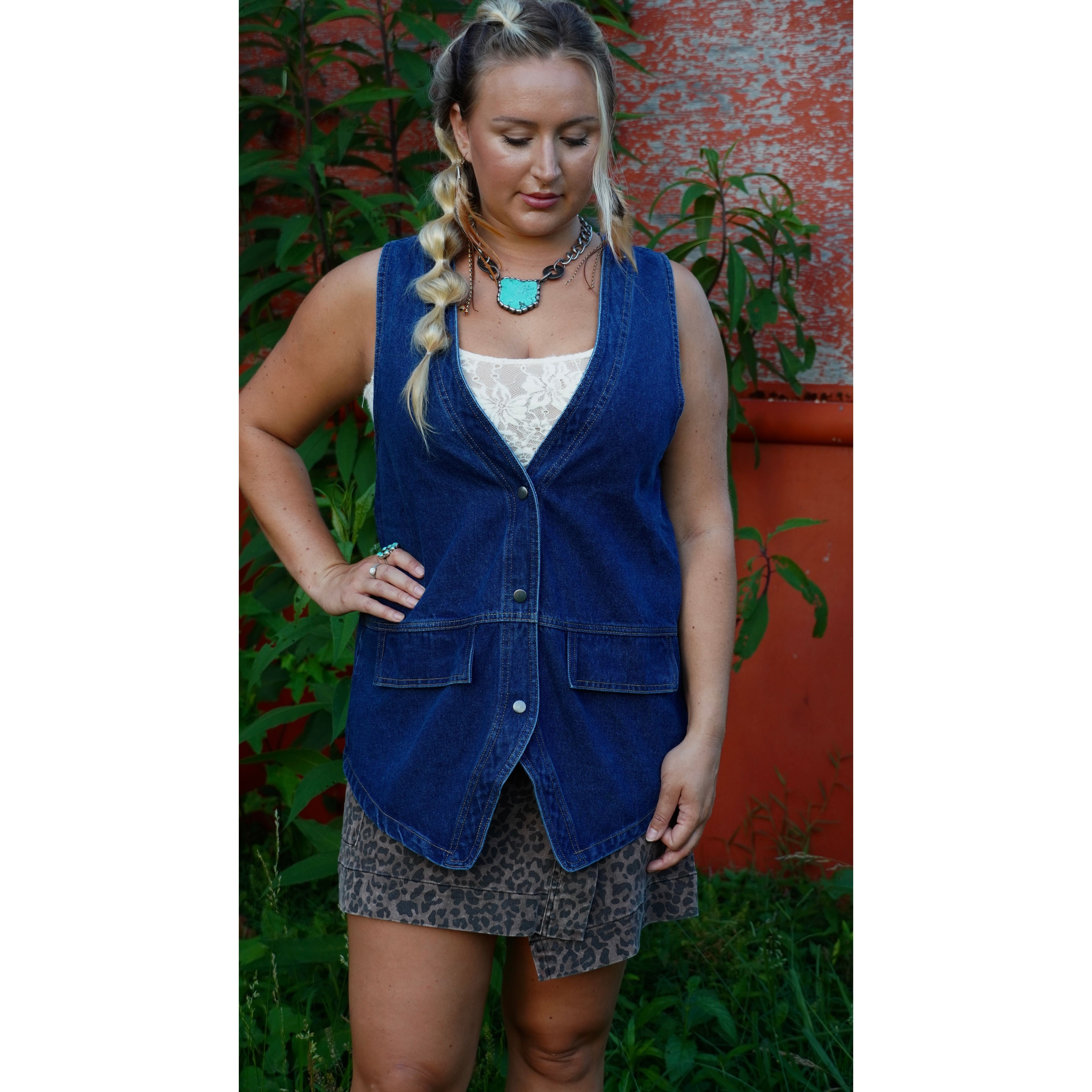 Long Dark Denim Snap-Front Vest