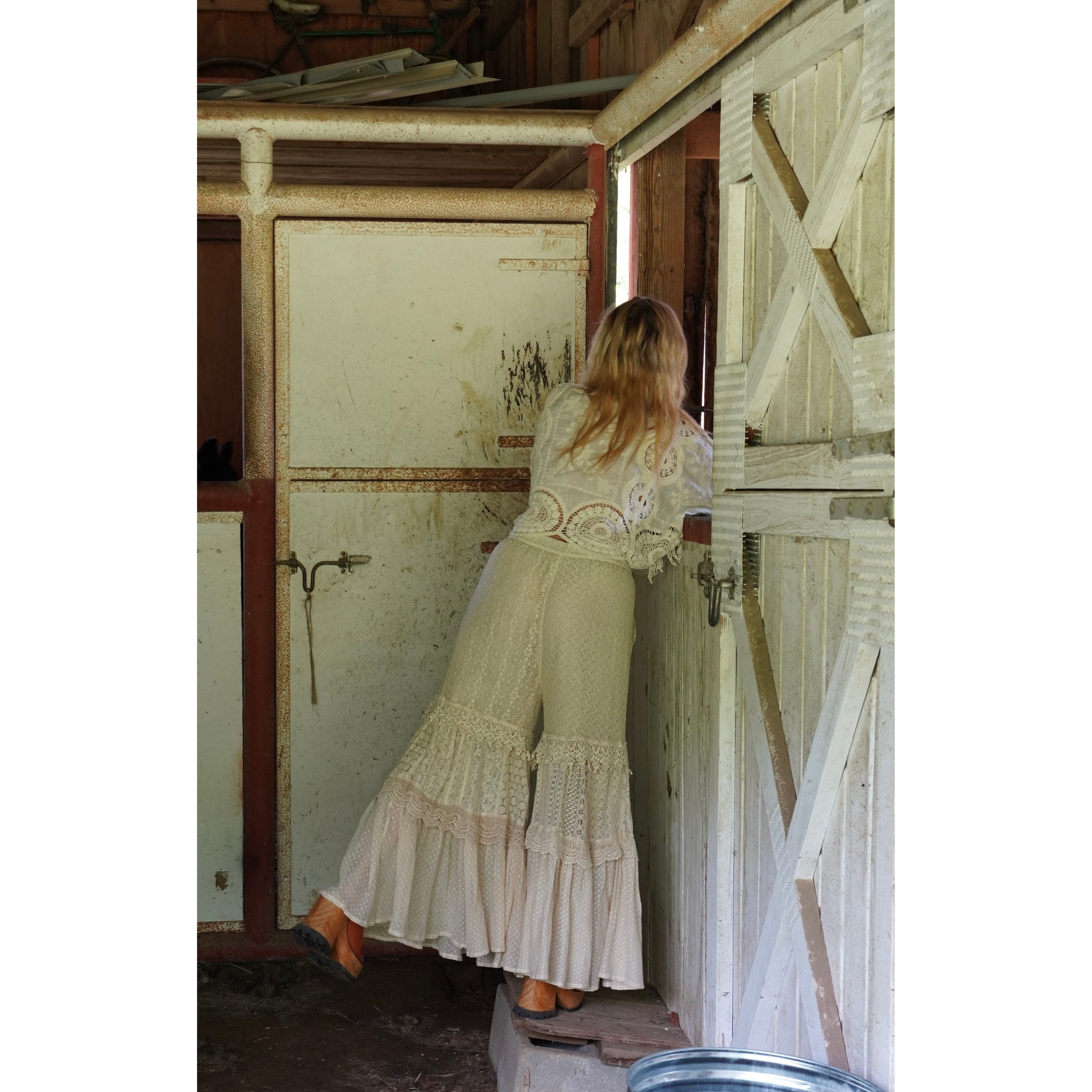 Crochet Lace Tiered Ruffle Flare Pants