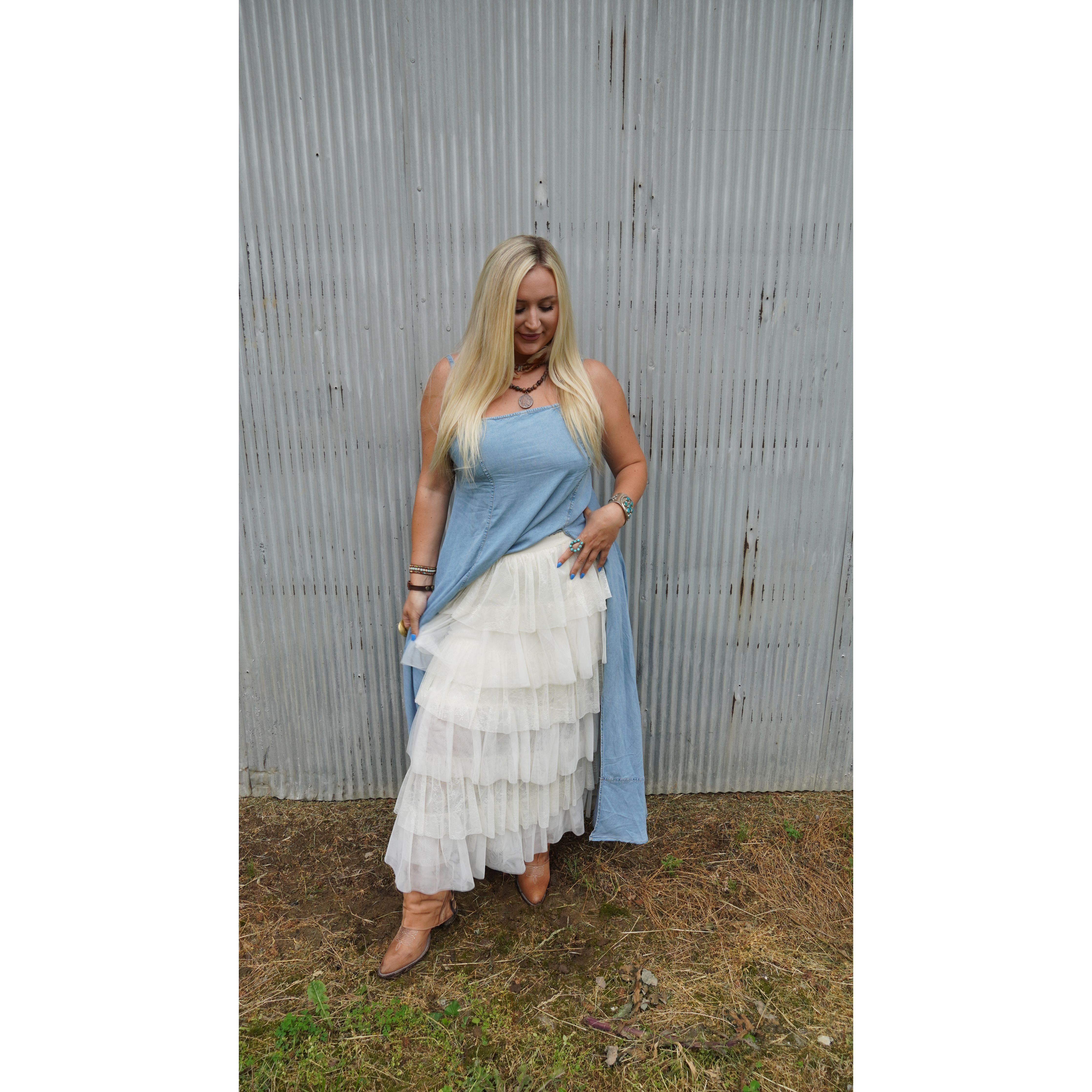 White Lace Ruffled Tiered Maxi Skirt