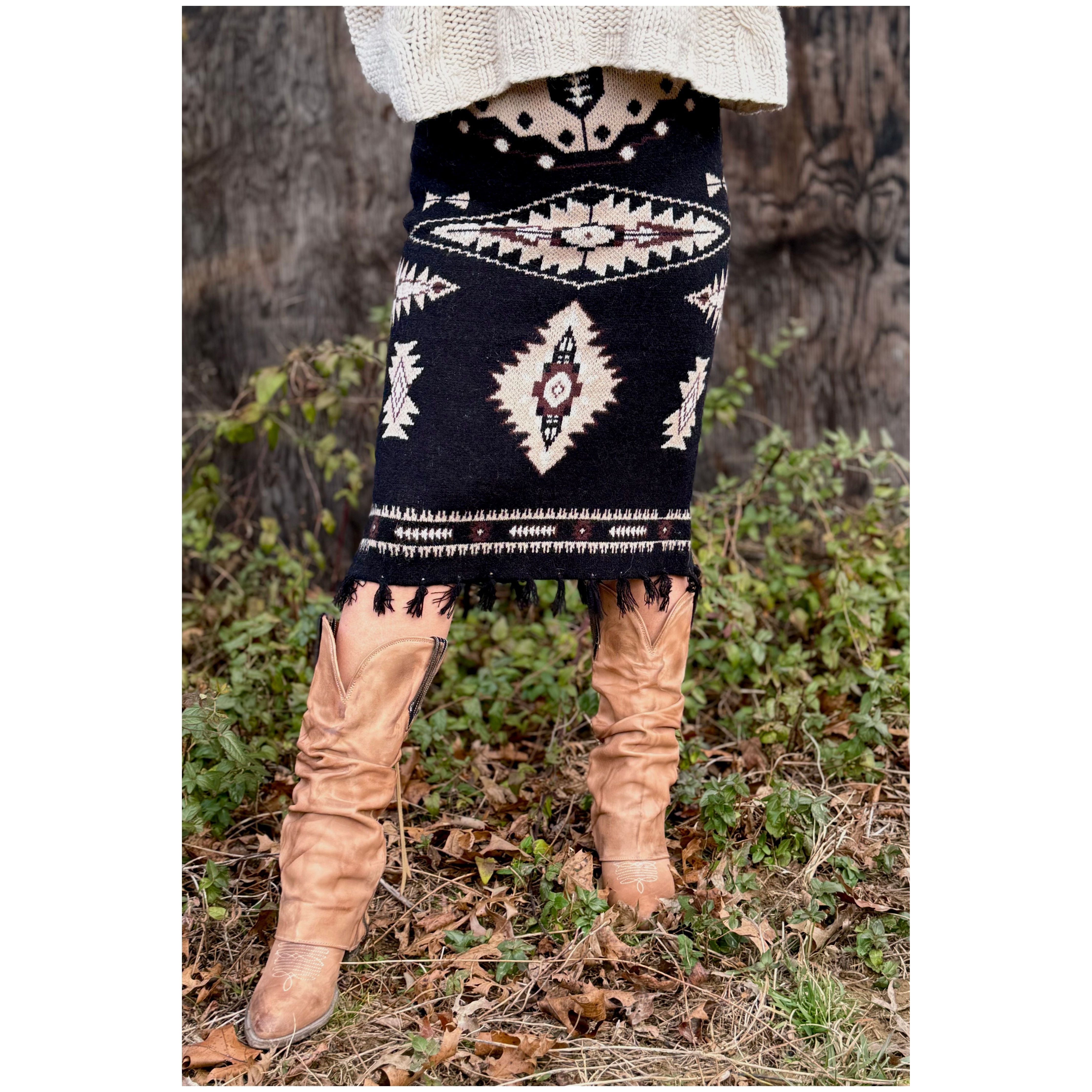 Black Aztec Sweater Fringe Back Slit Skirt