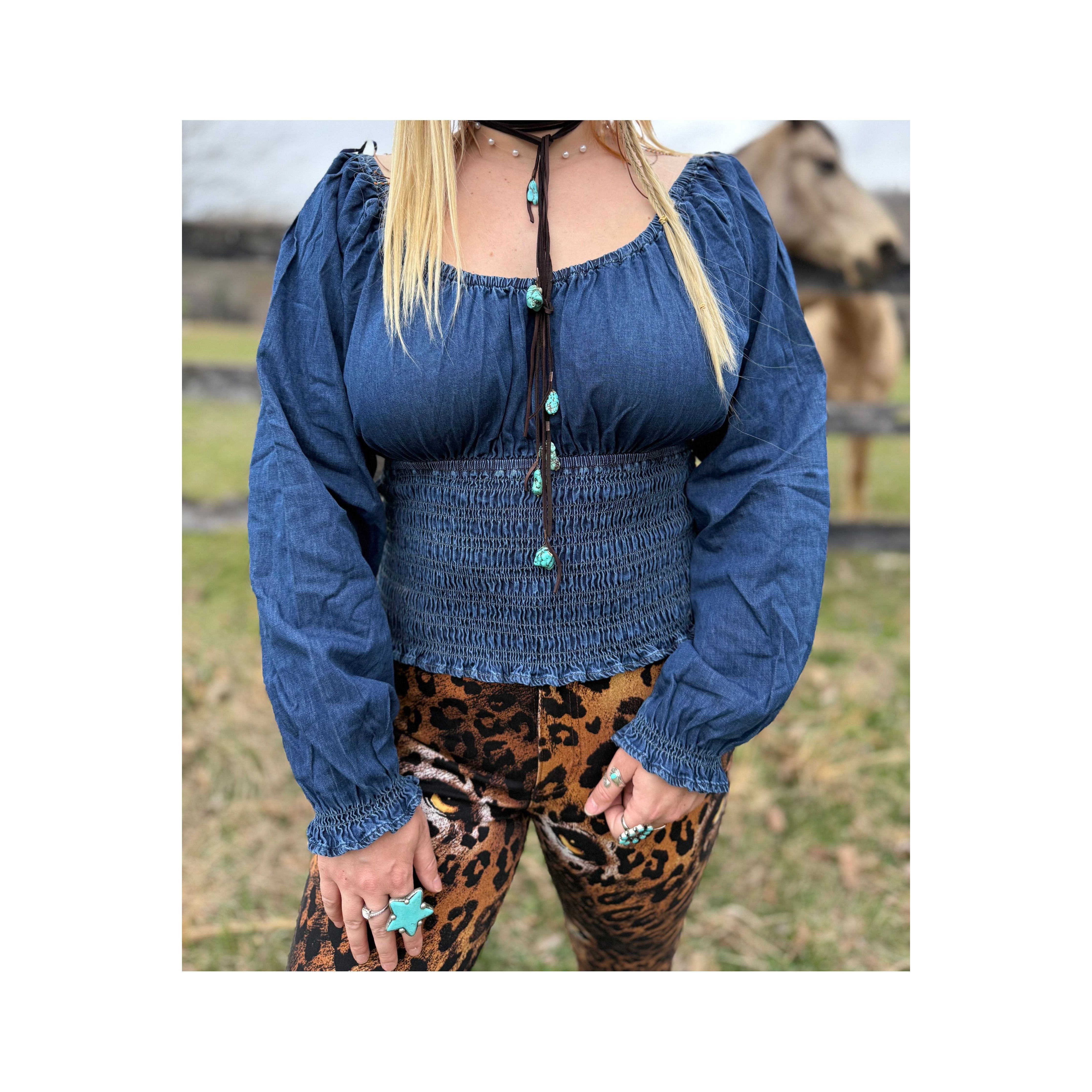 Denim Ruched Long Sleeve Top