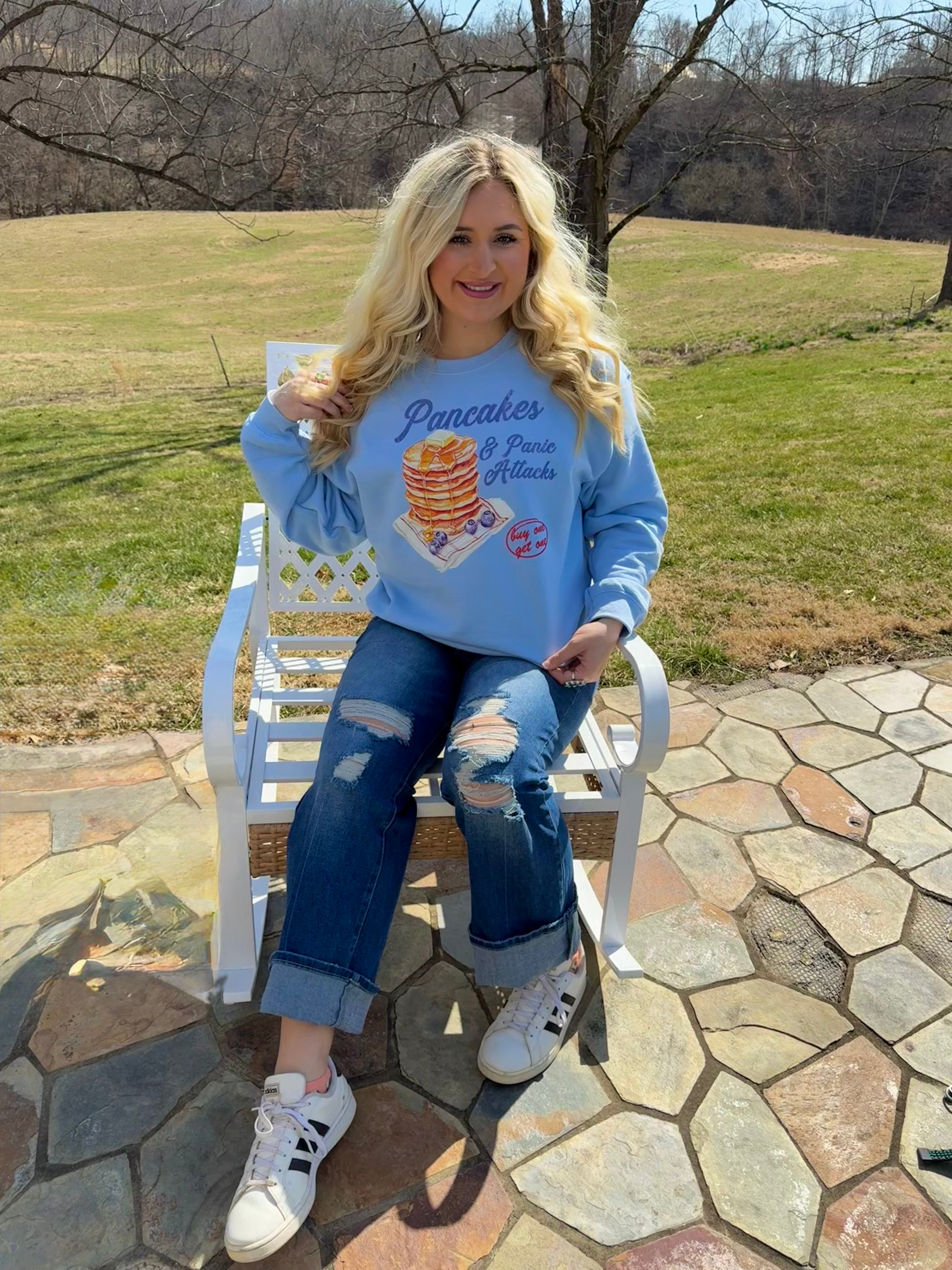 Pancakes & Panic Attacks Baby Blue Crewneck Sweatshirt