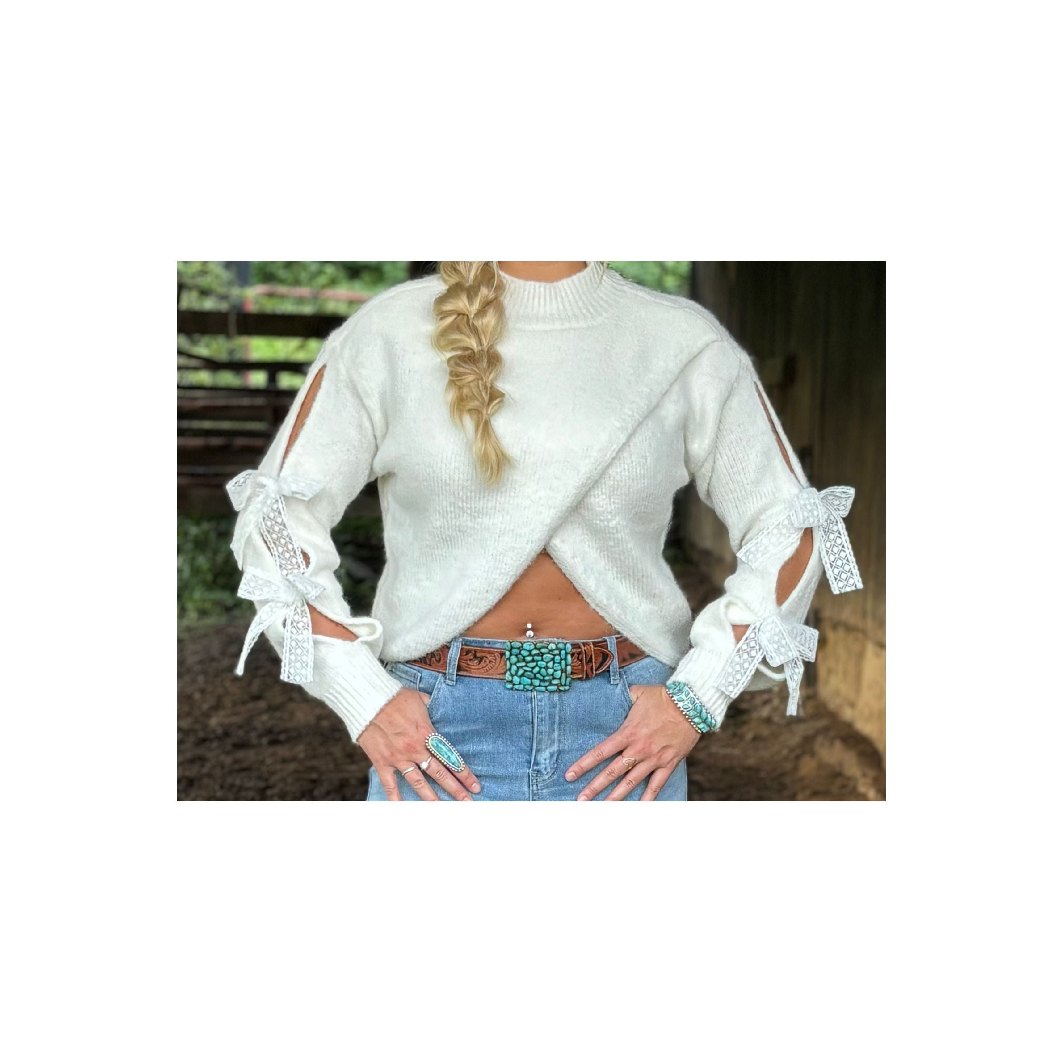 White Lace Bow Sweater
