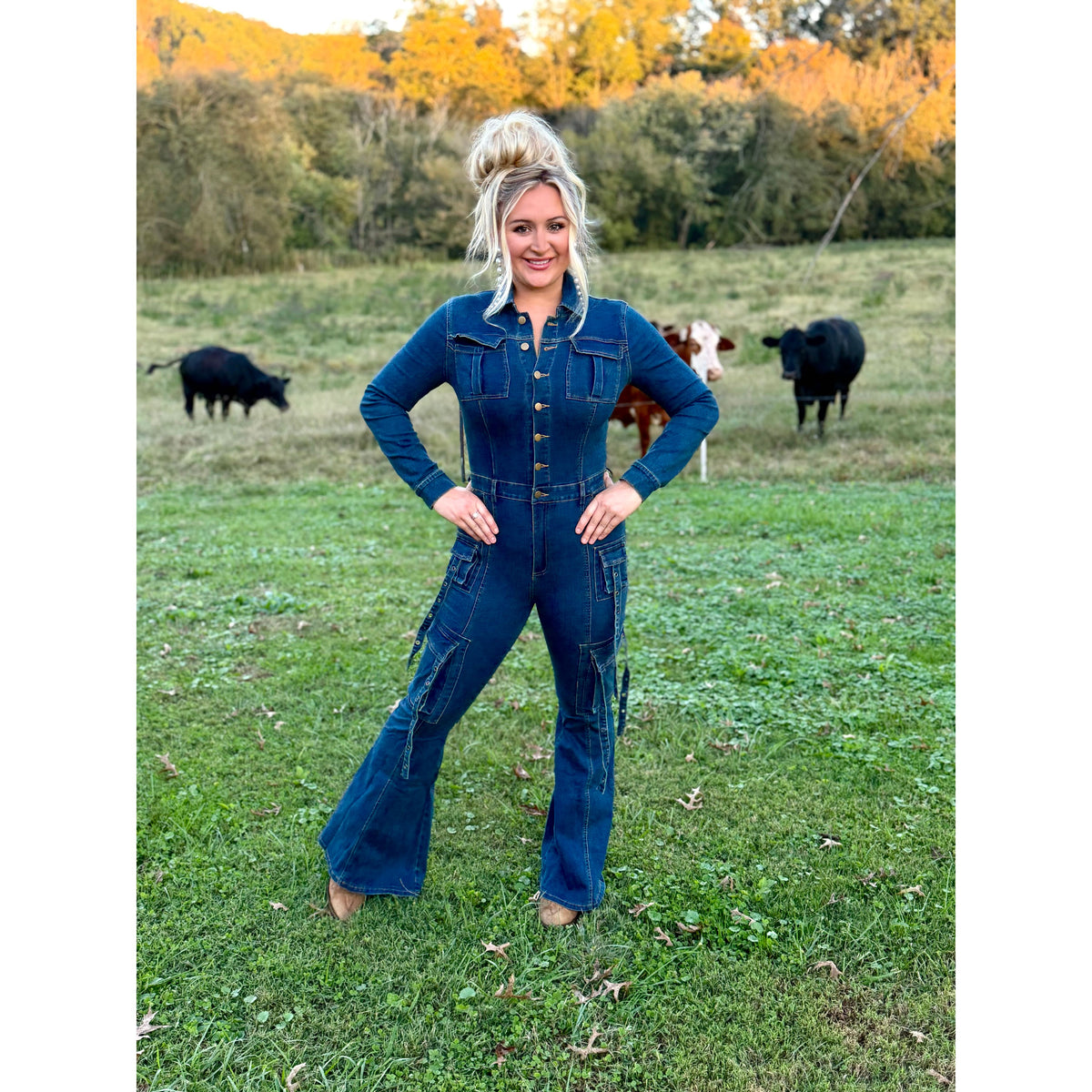 Denim flare long sleeve jumpsuit