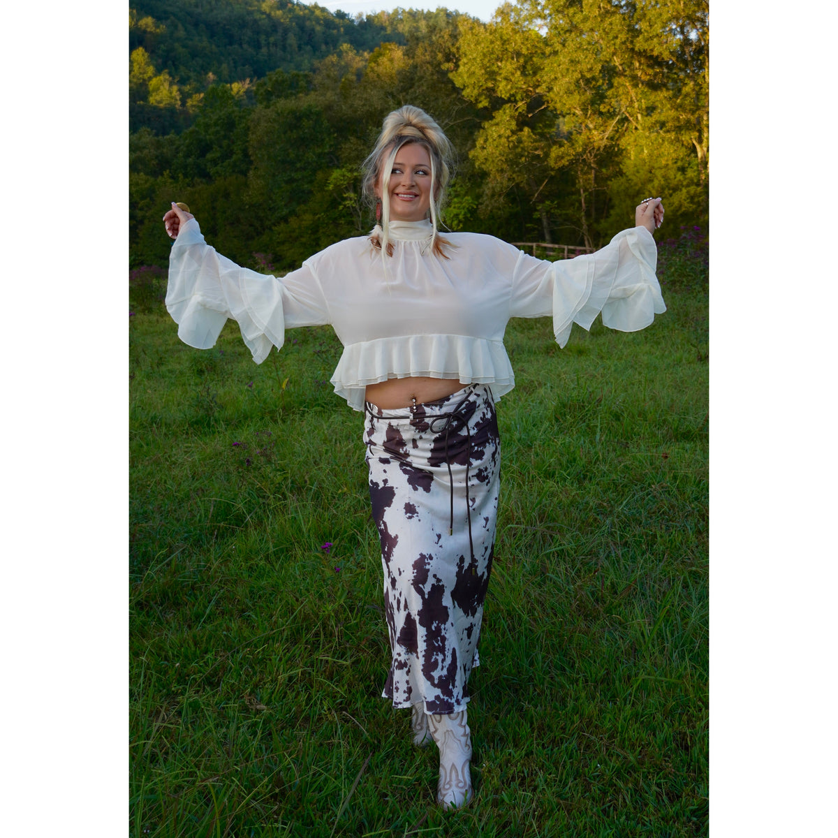 Cowhide Satin Skirt with leather belt