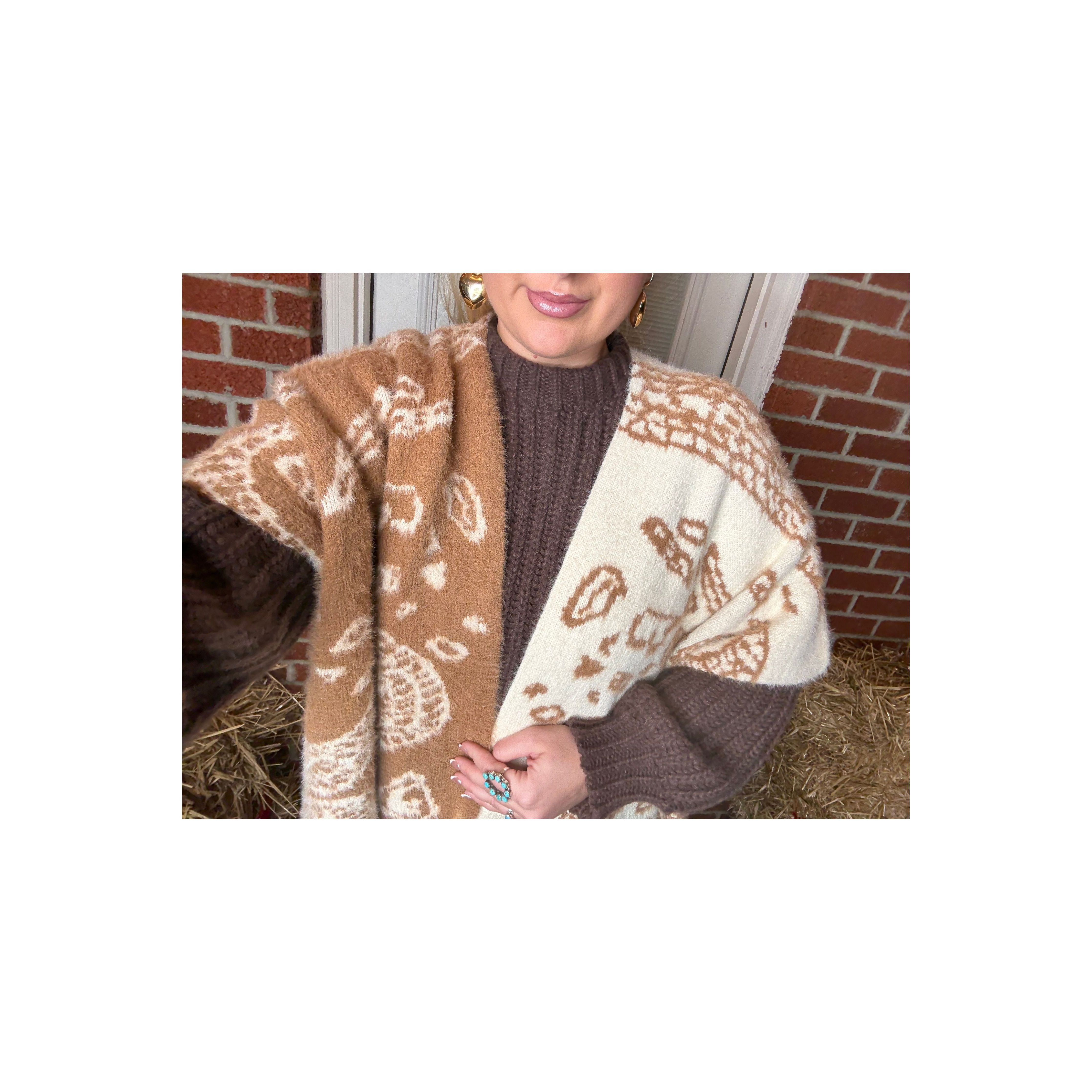 POL: Mocha Paisley Poncho Cardigan Sweater