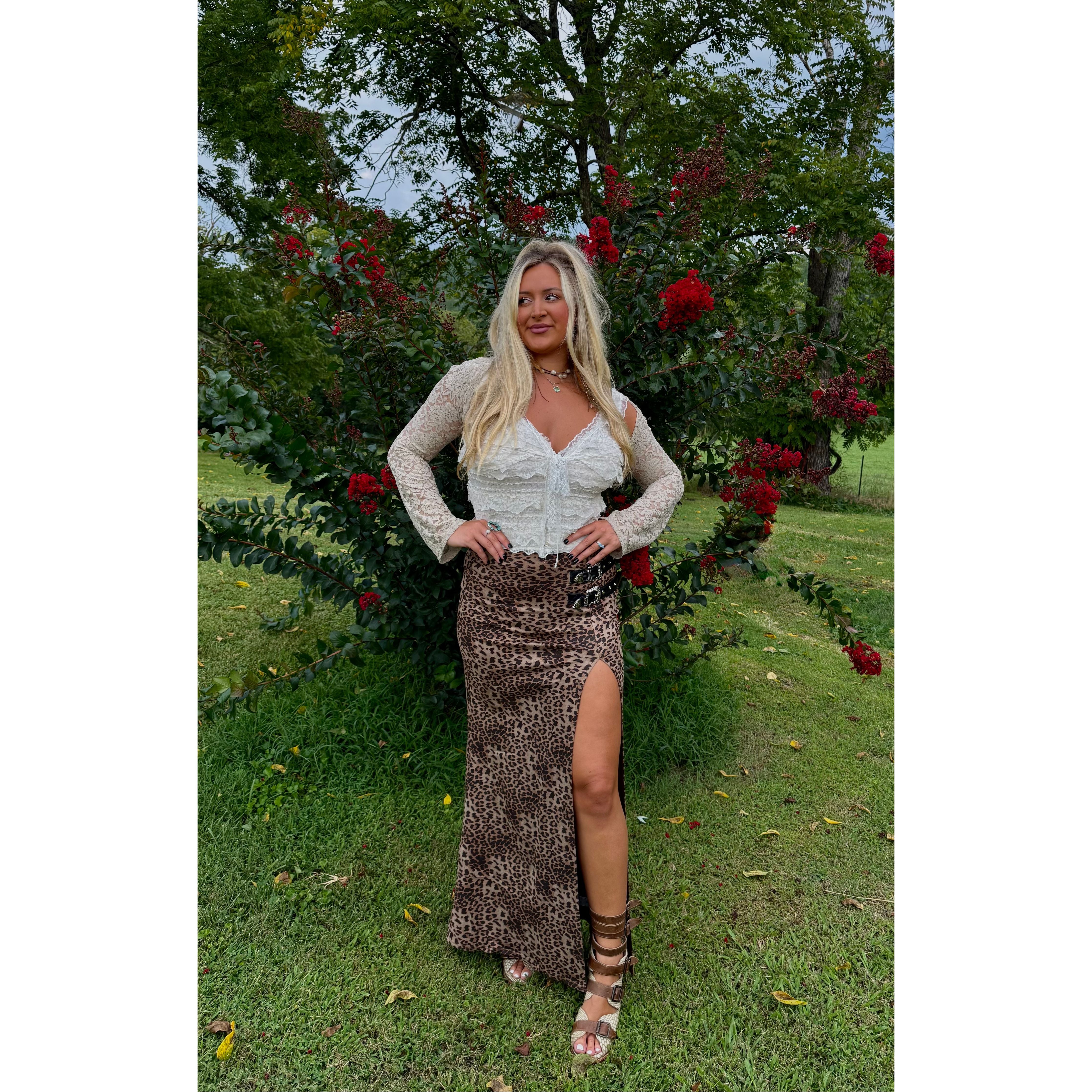 Leopard Double-Buckle Maxi Skirt