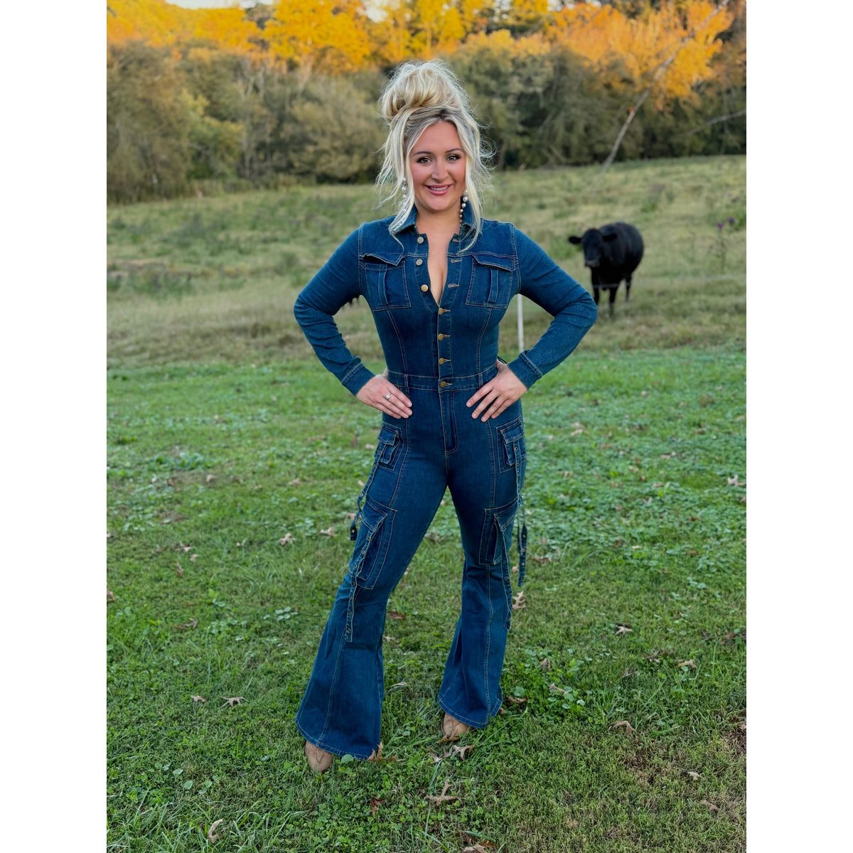 Denim flare long sleeve jumpsuit