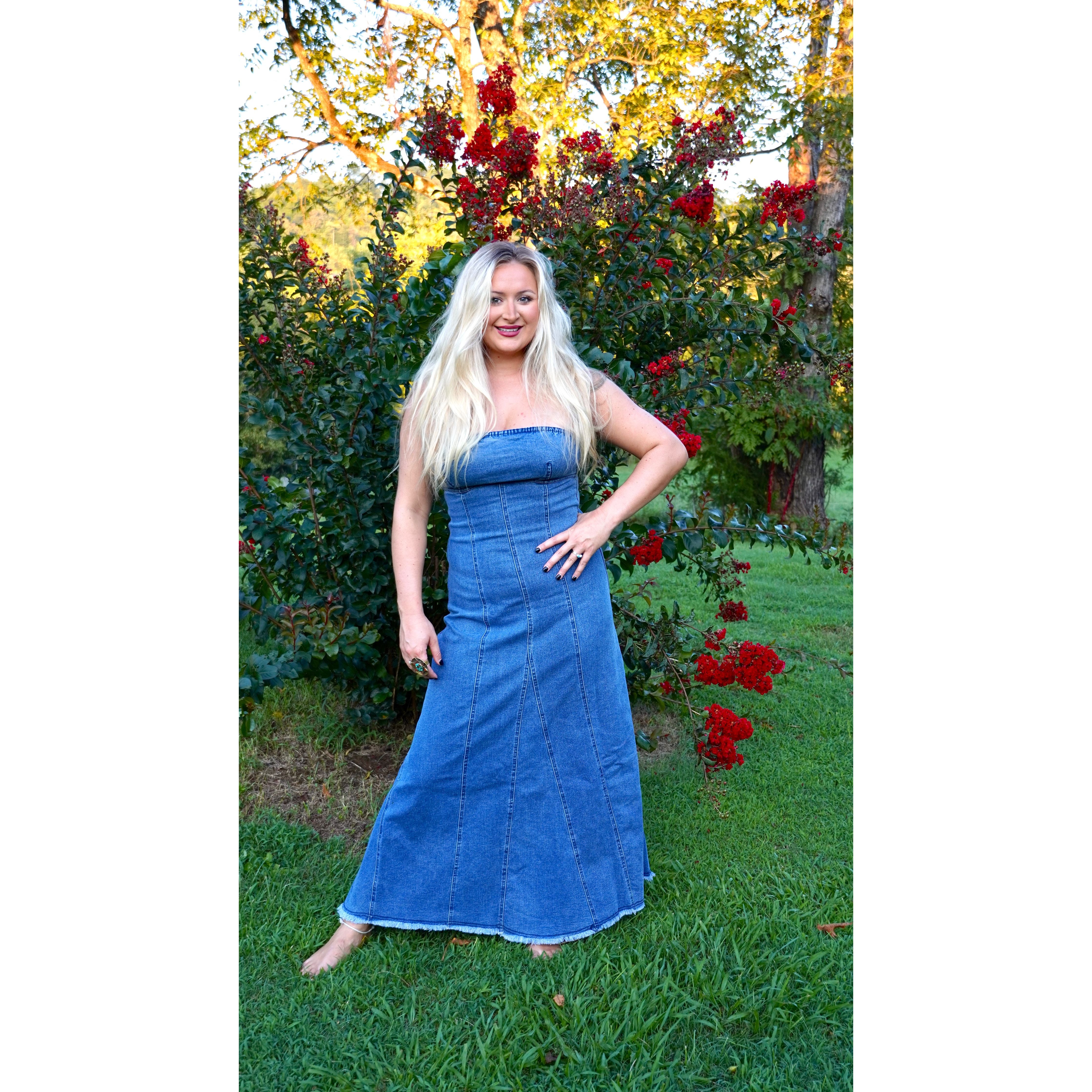 Strapless Denim Raw-Edge Flare Dress