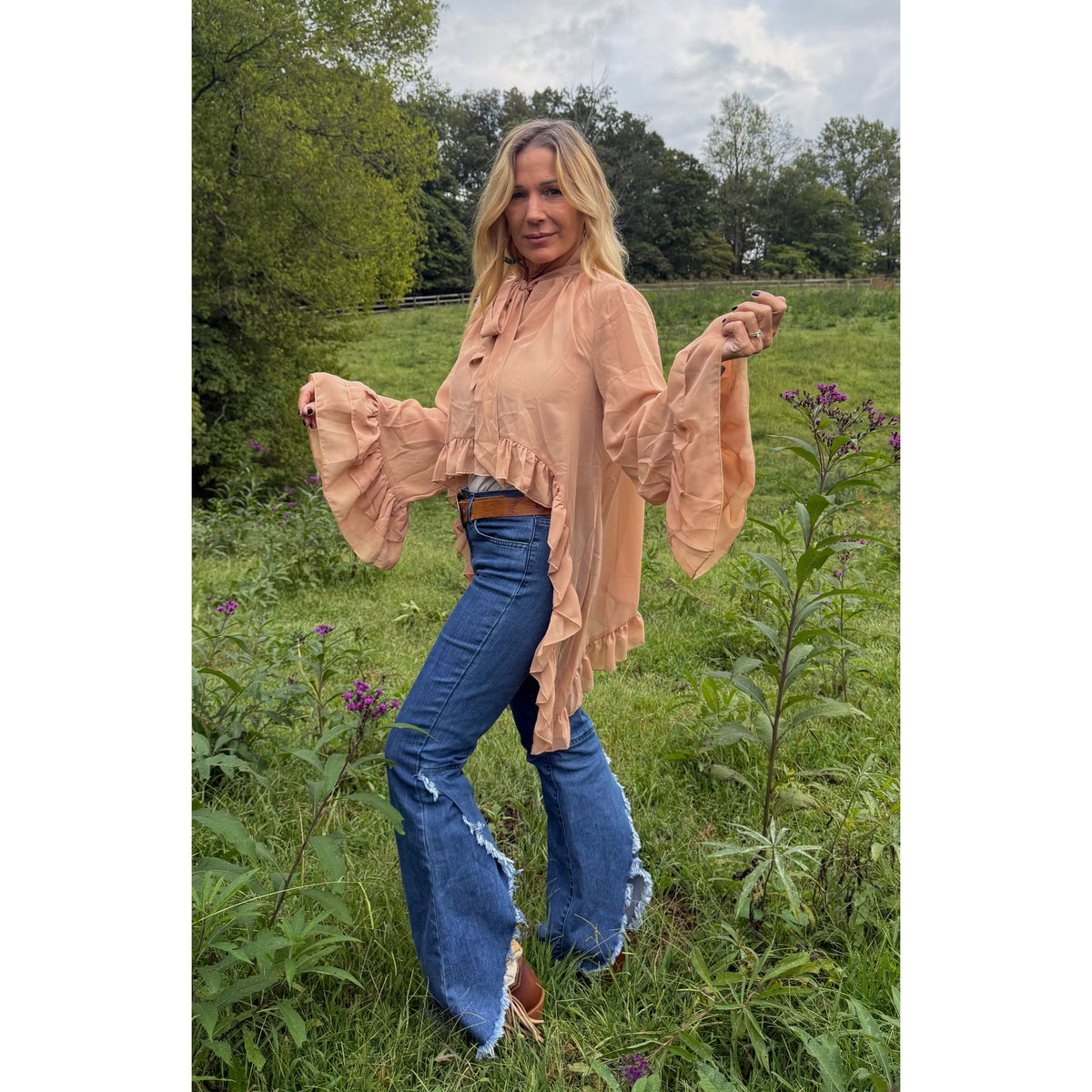 Taupe Tie-Neck Ruffle Top