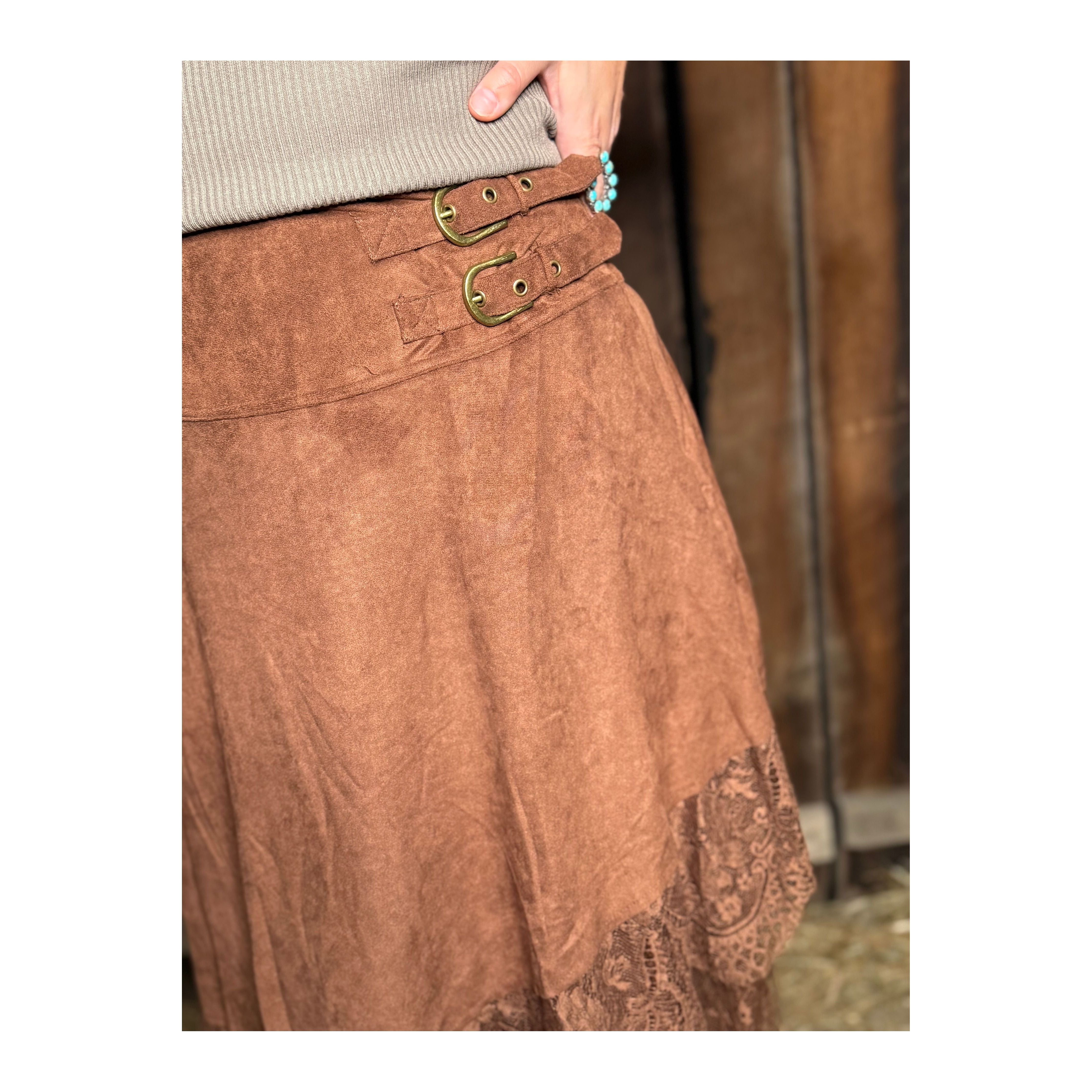 Faux Suede and Lace Brown Buckled Maxi Skirt