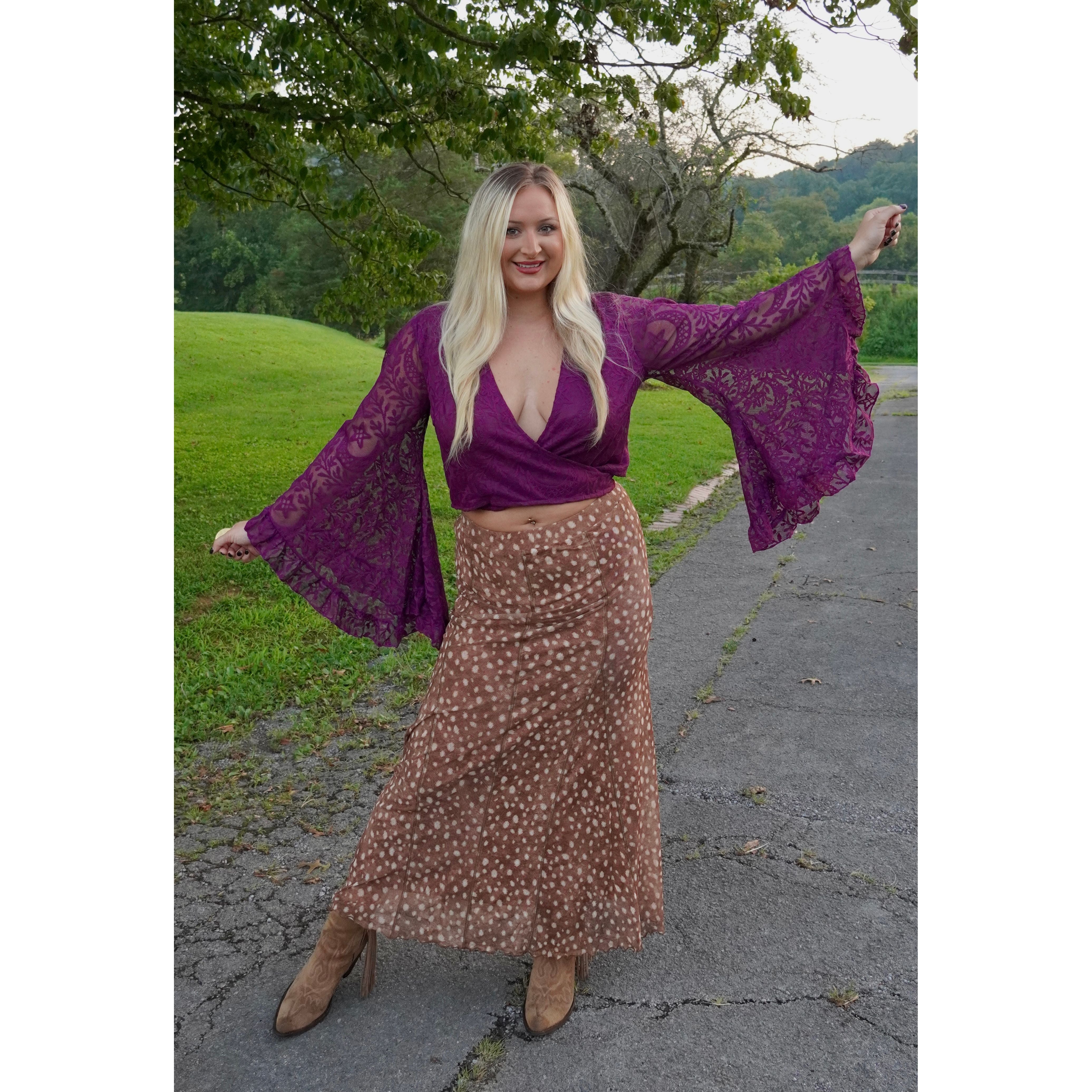 Plum Lace Ruffle Sleeve Wrap Top