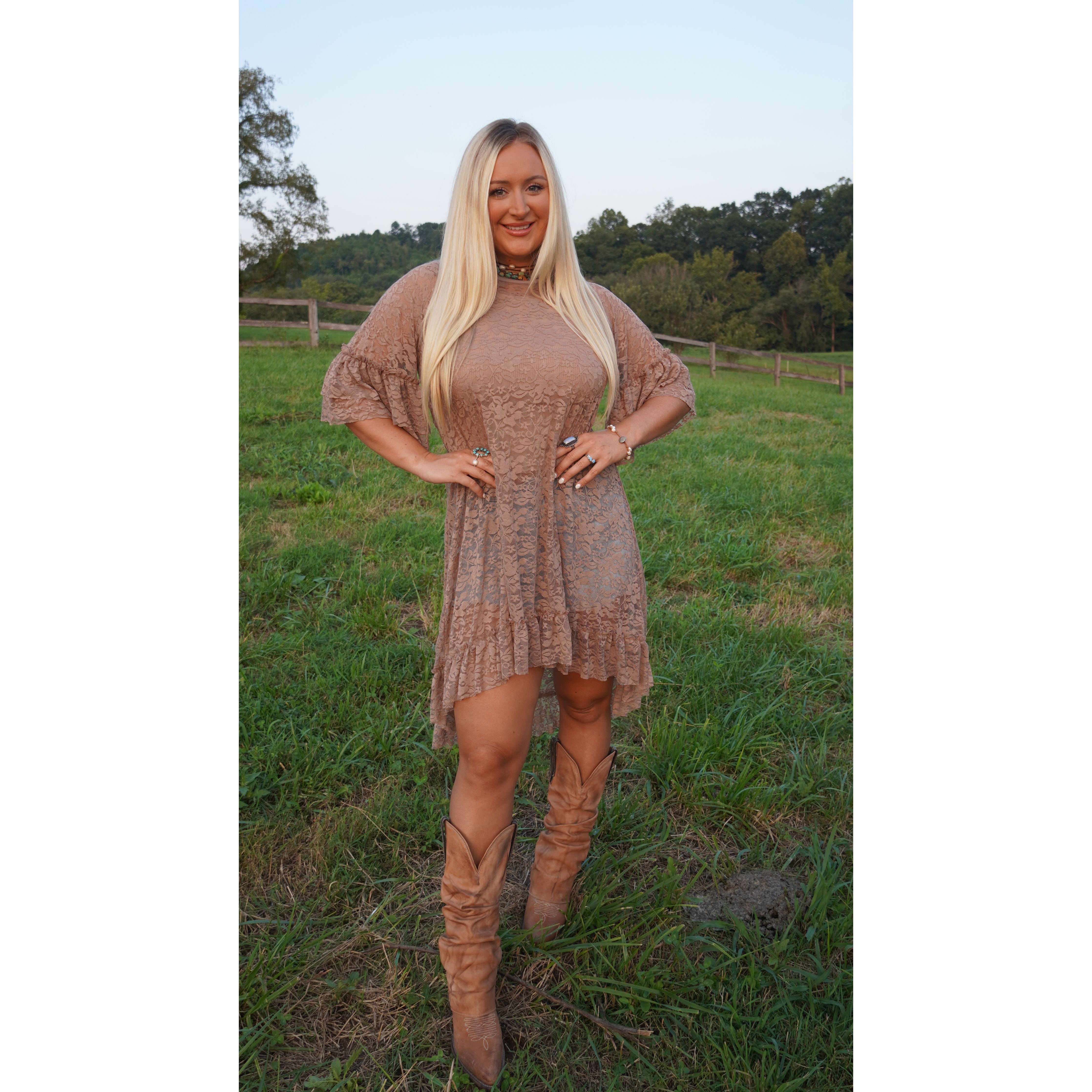 Taupe Hi-Low Lace Ruffle Top