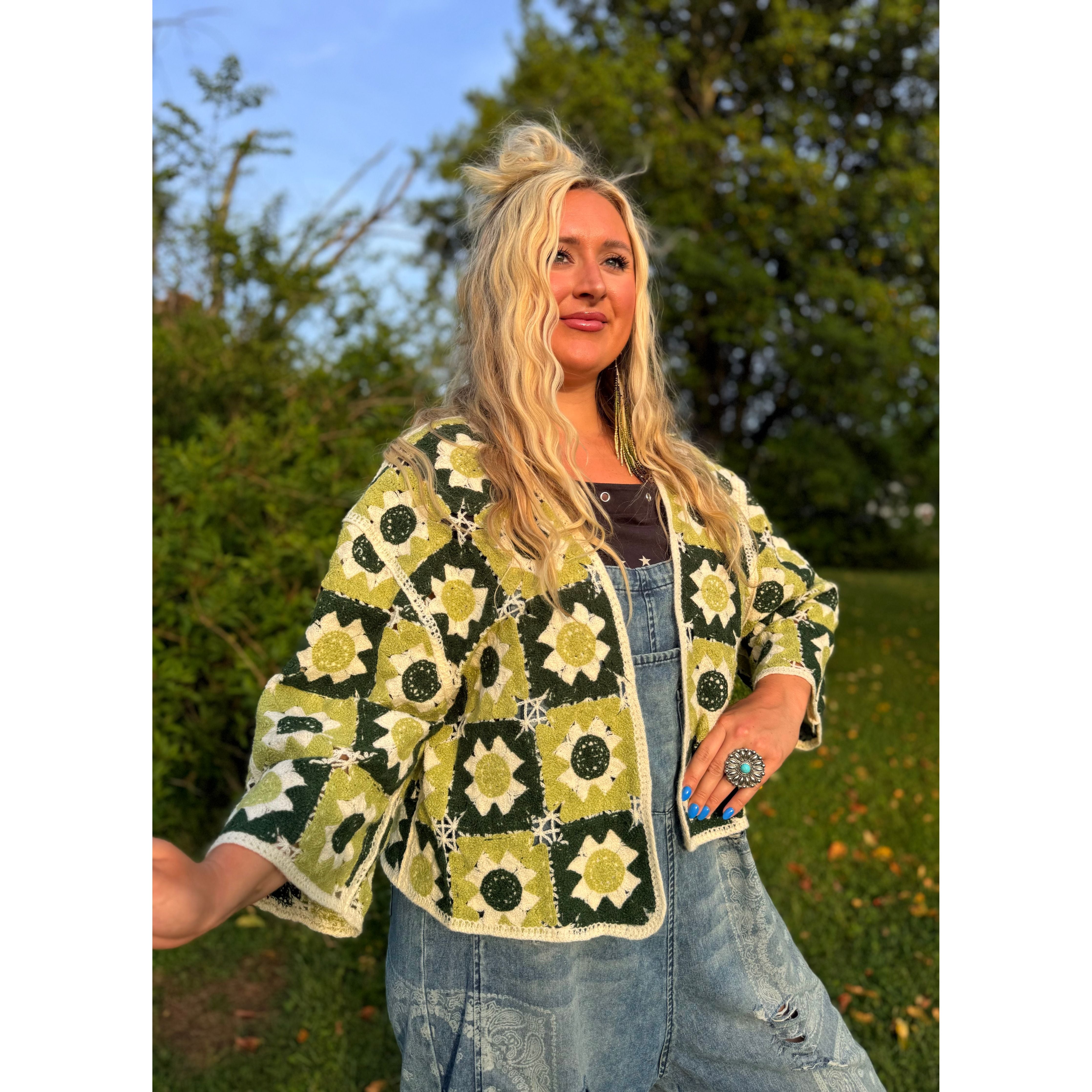 Green Daisy Crochet Cardigan