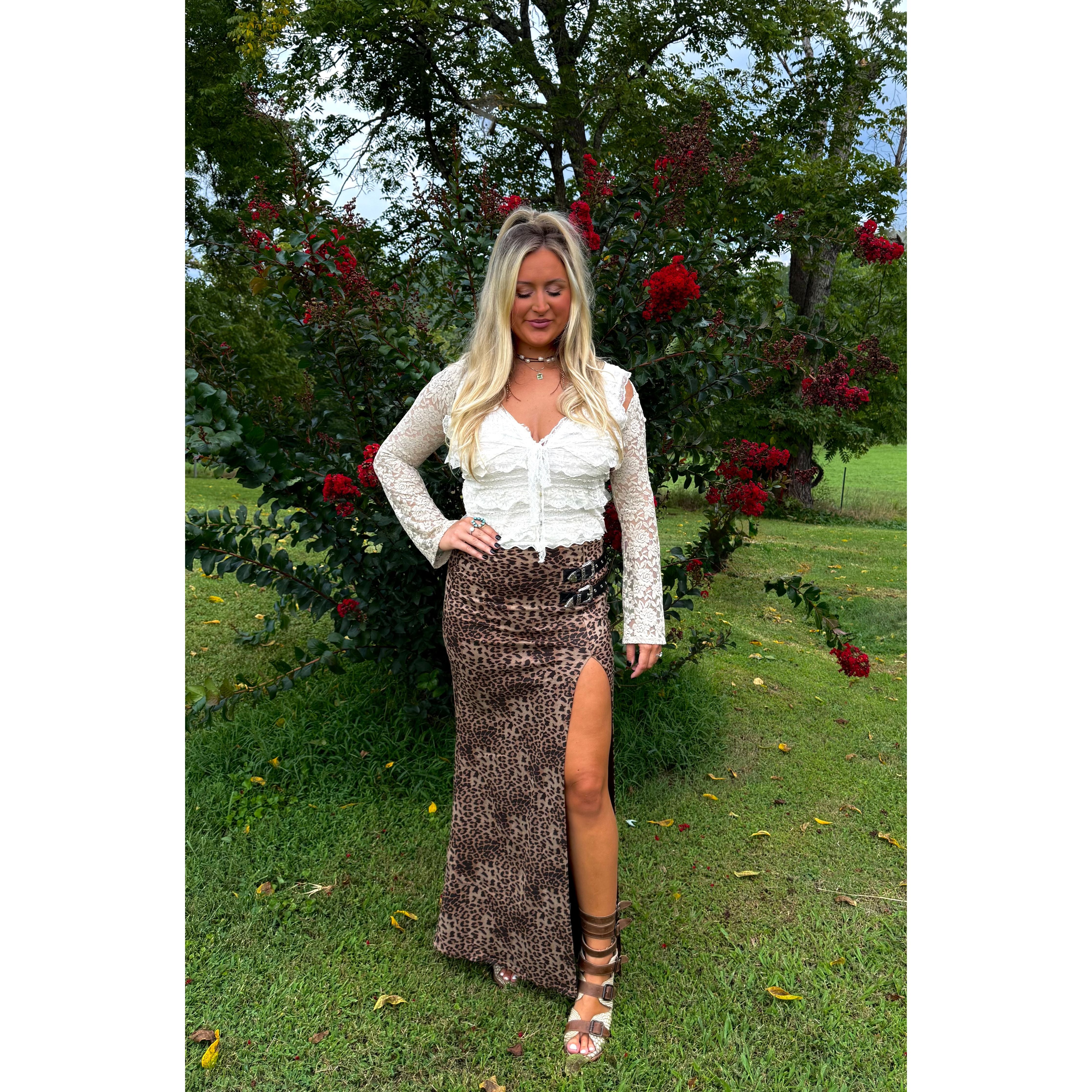 Leopard Double-Buckle Maxi Skirt
