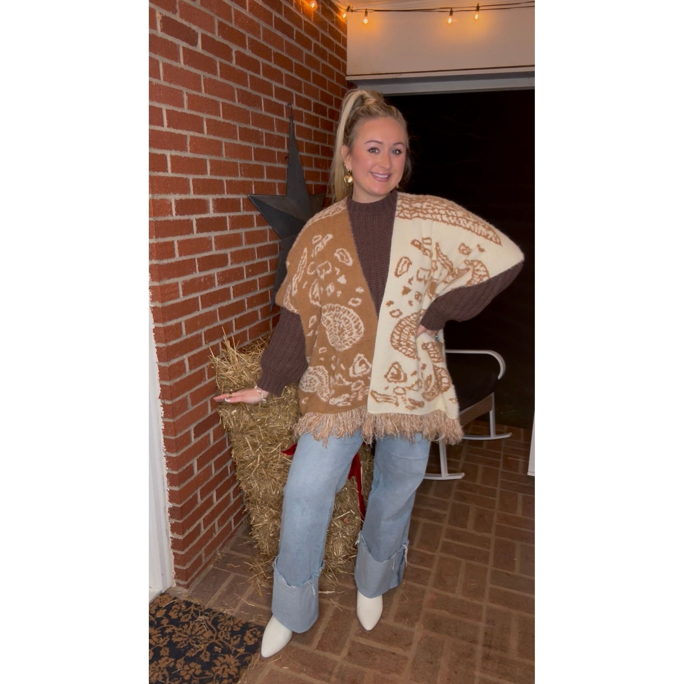 POL: Mocha Paisley Poncho Cardigan Sweater