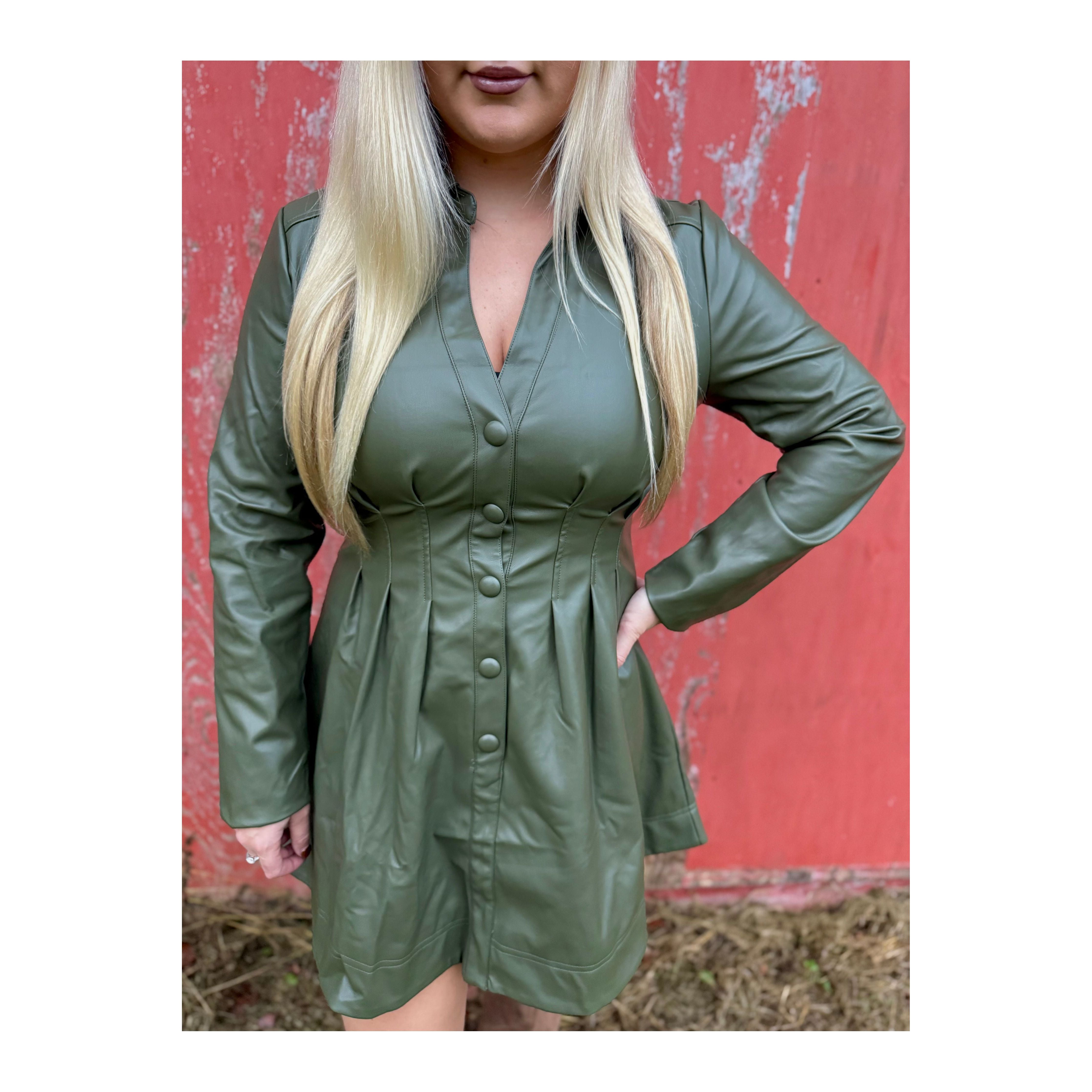 Olive Green Leather Flare Dress