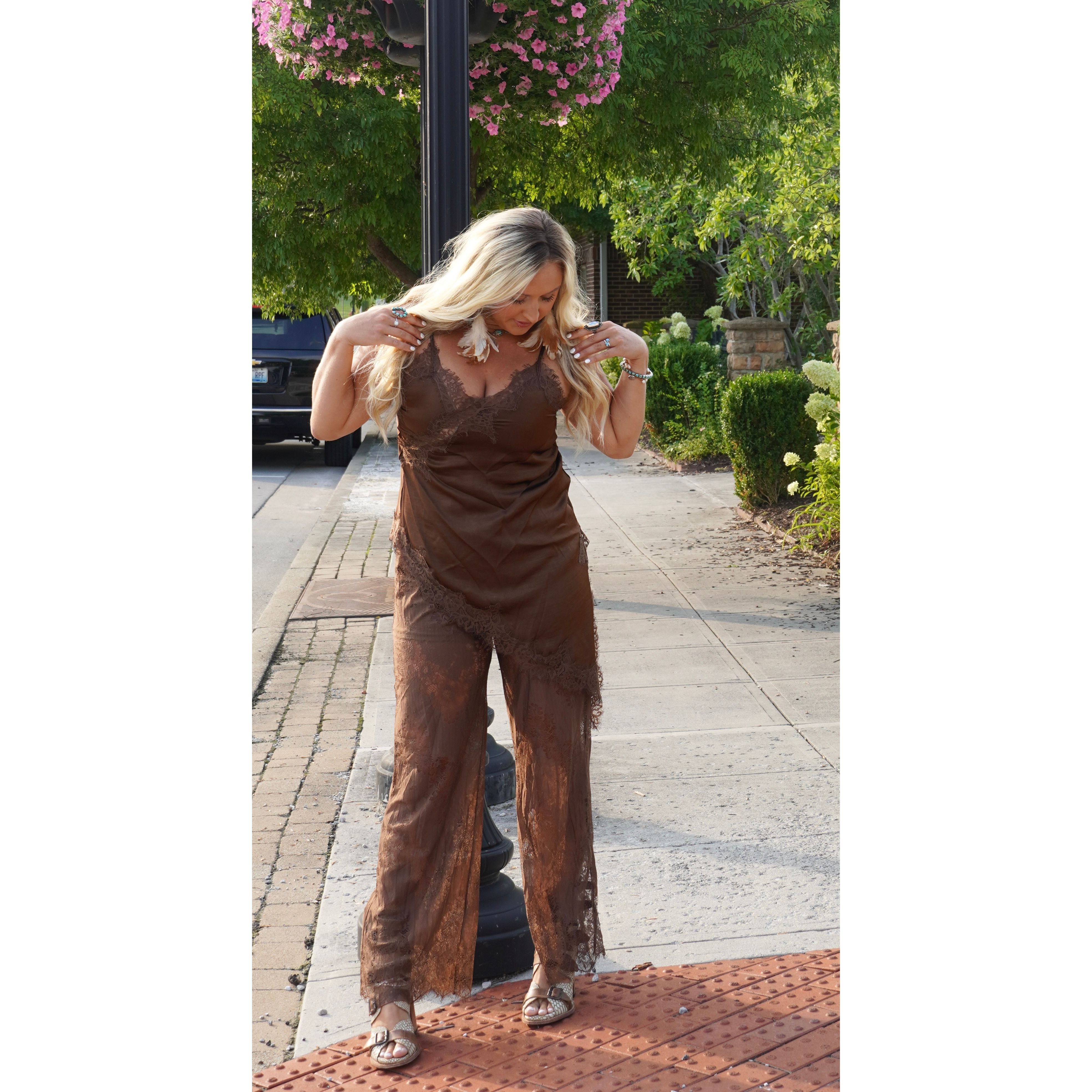 Chocolate Satin Lace Trim Cami and Pants Set