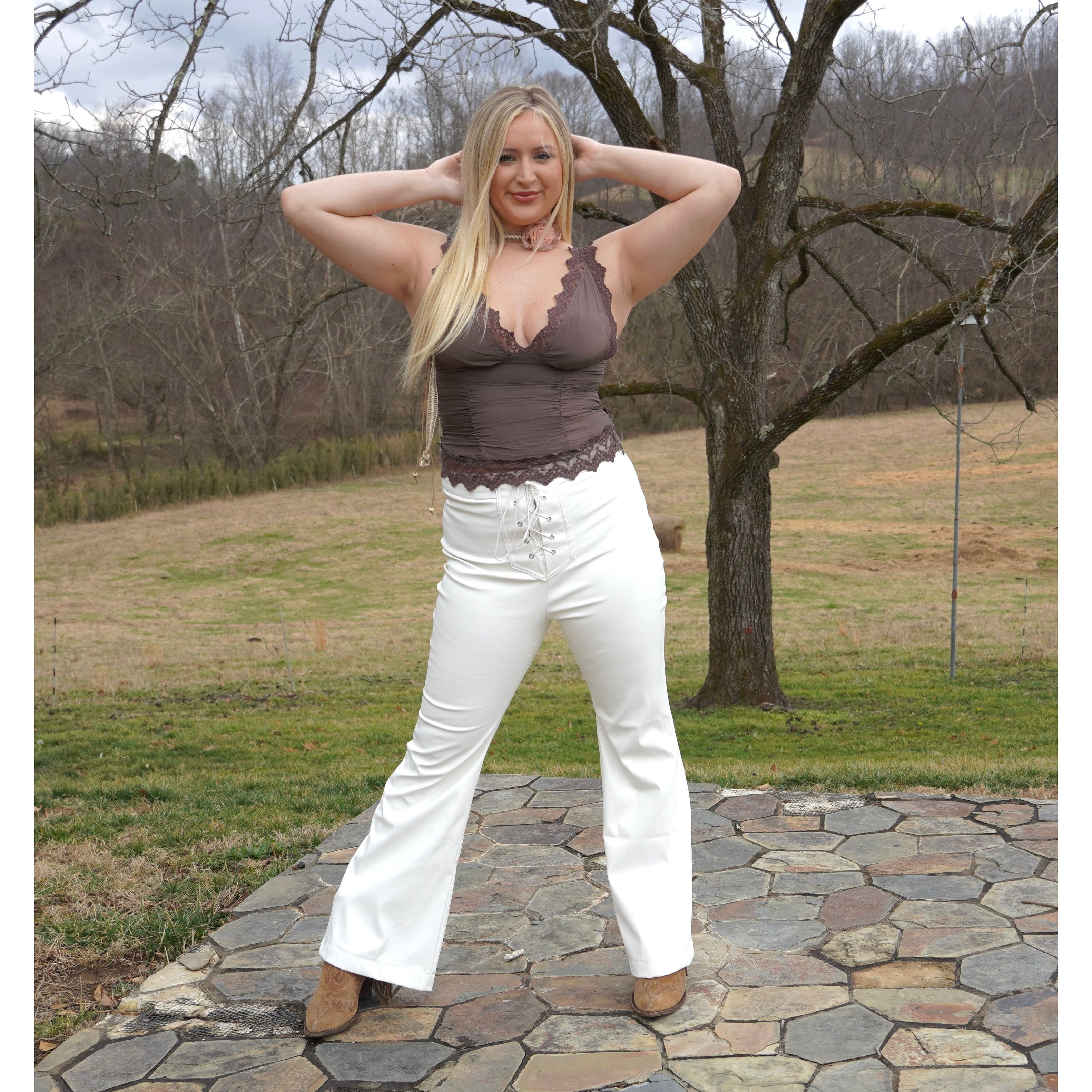 White Leather Lace Up Flare Pants