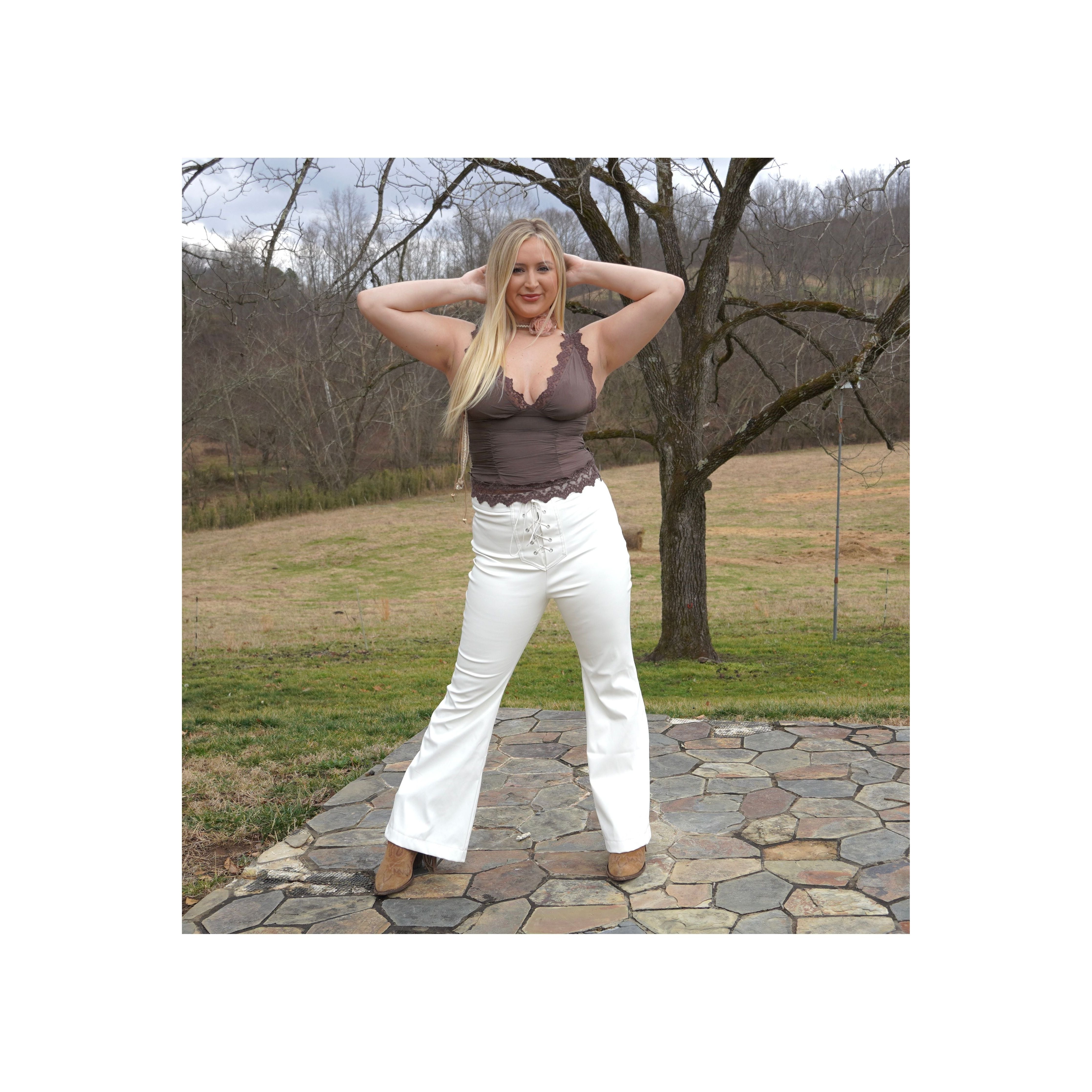 White Leather Lace Up Flare Pants