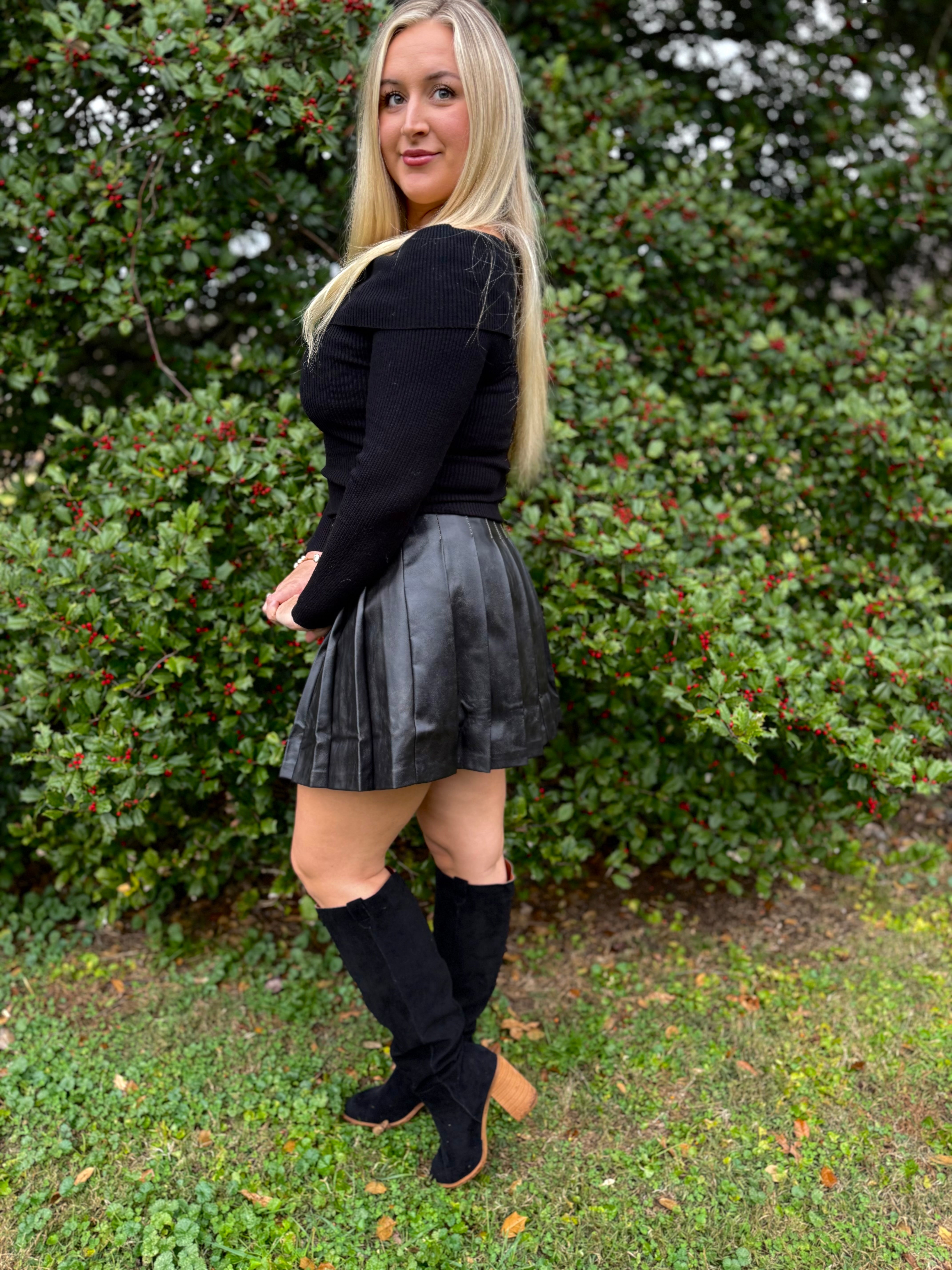 Faux Leather Black Pleated Skirt