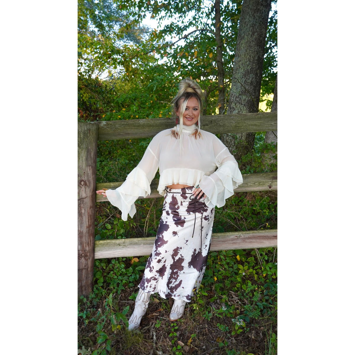 Off White Ruffled Sleeve Tie Neck Top