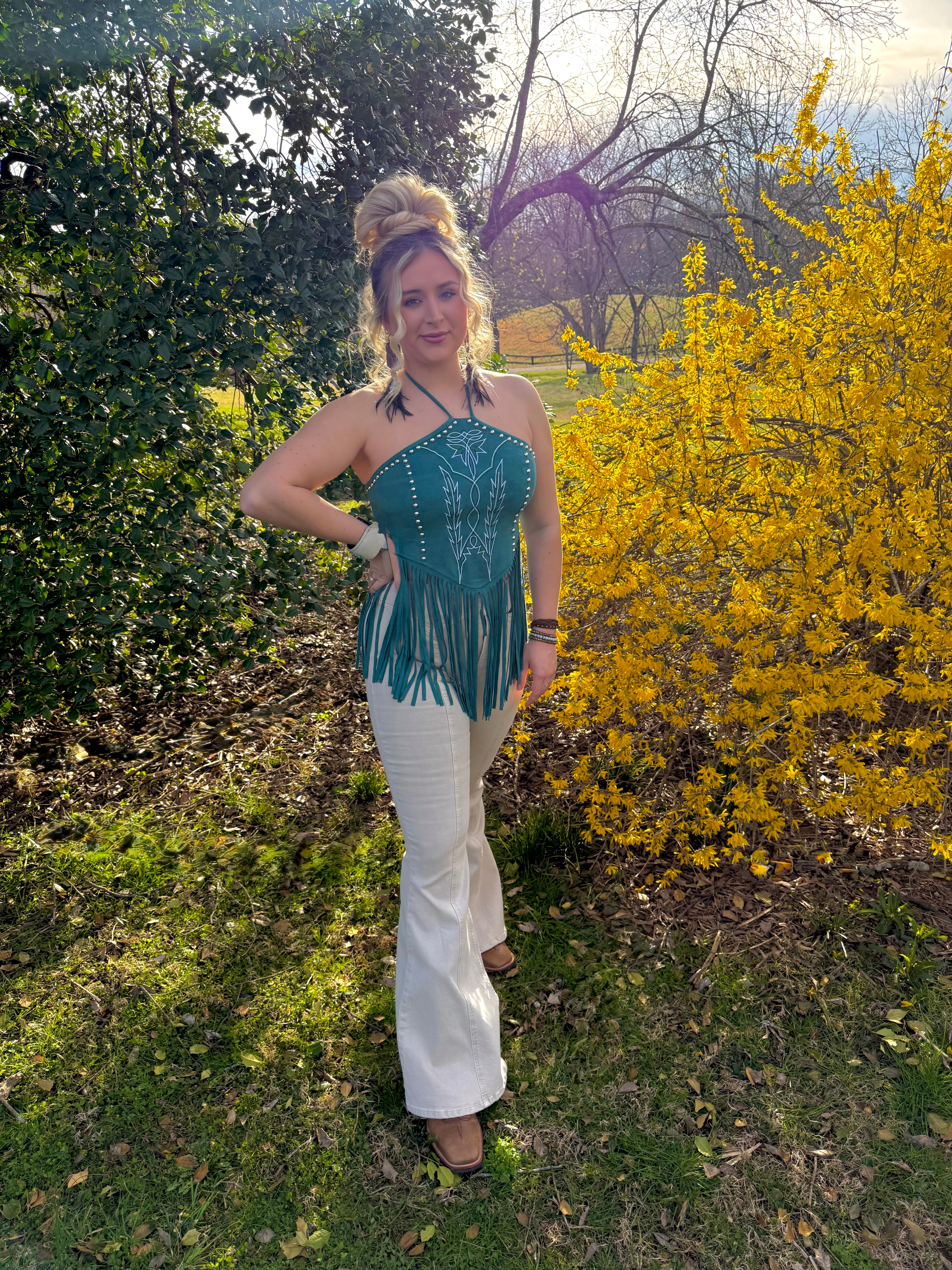 LUCKY & BLESSED Fringe Suede Halter Top