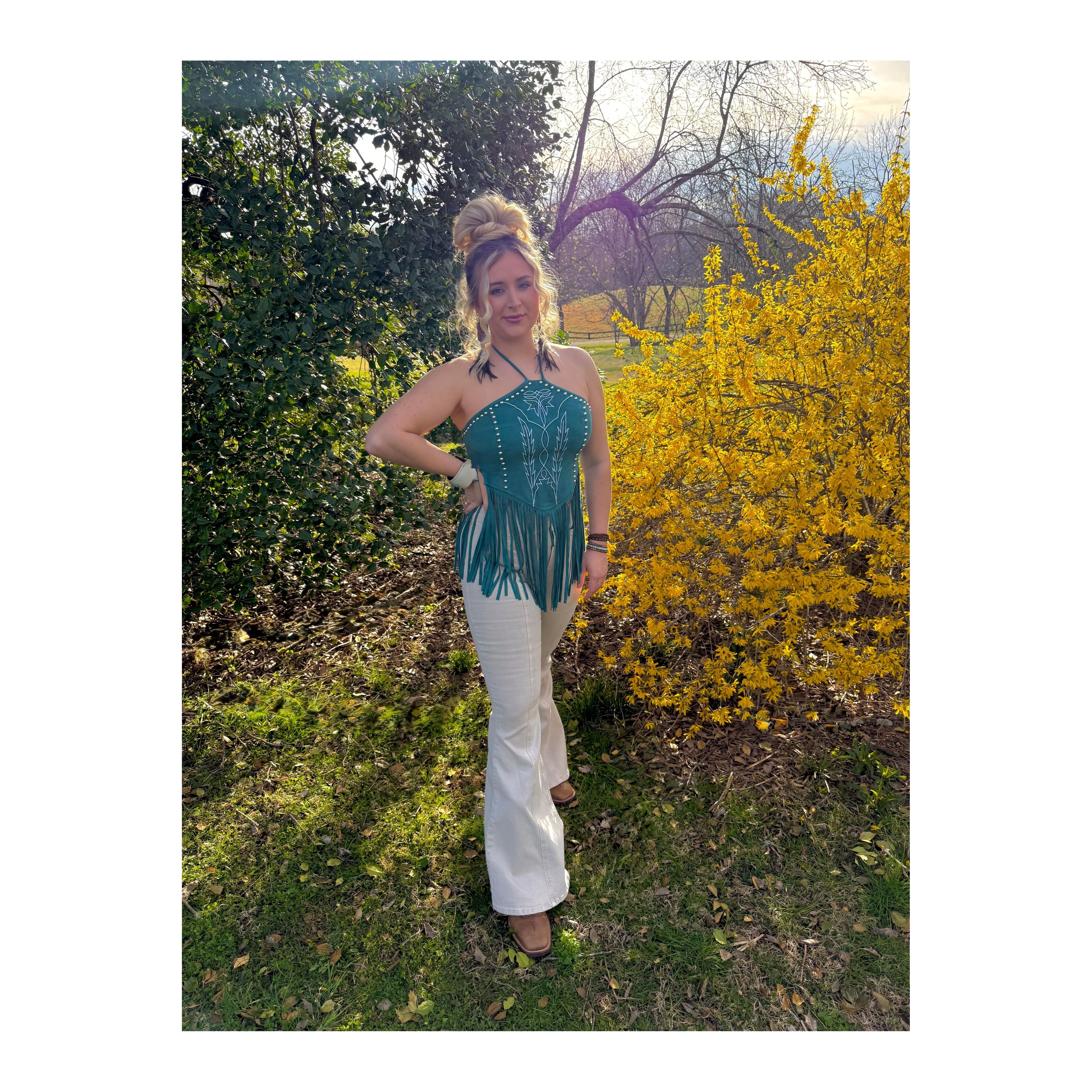 LUCKY & BLESSED Fringe Suede Halter Top