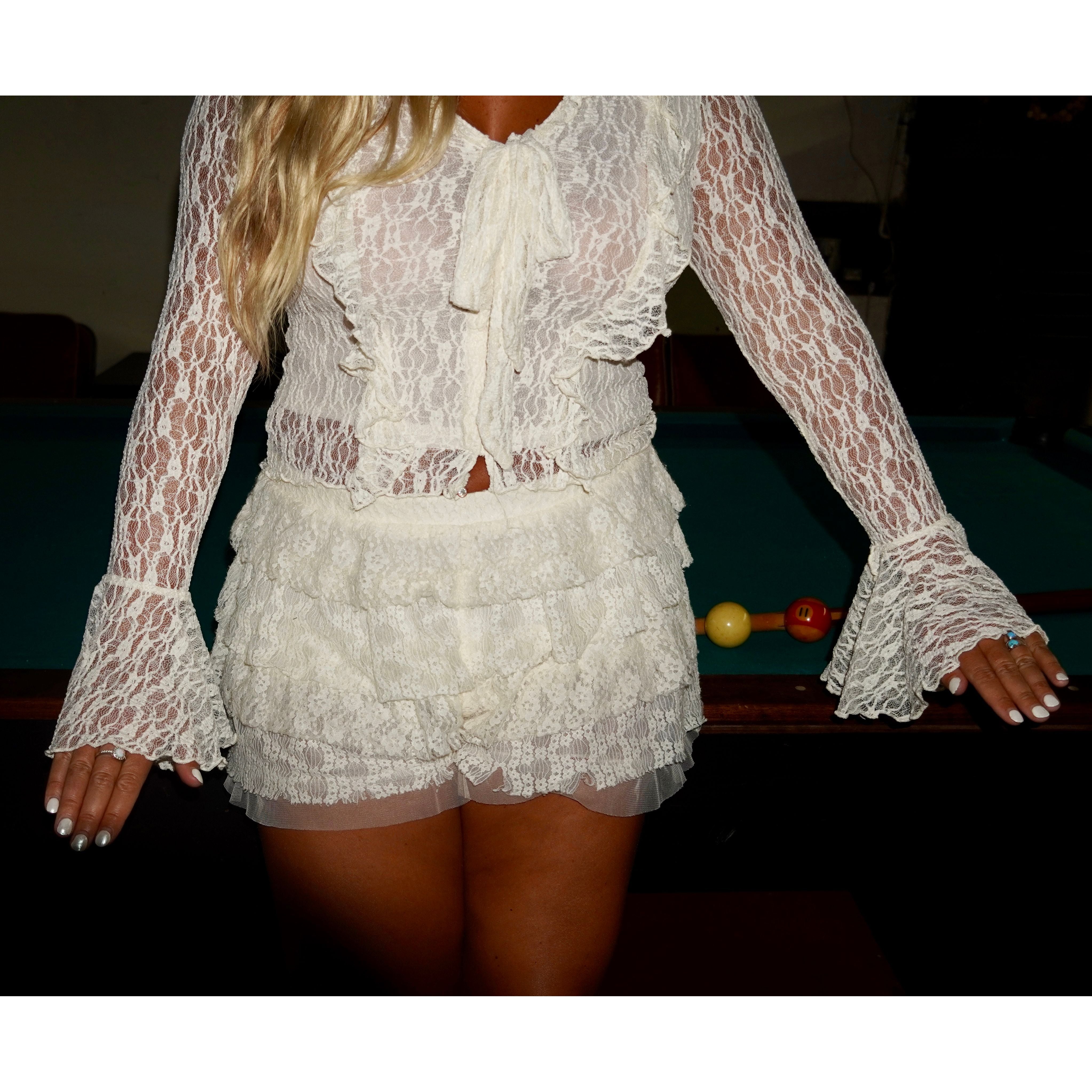Lace Ruffled Tie- Front Bell-Sleeve Top