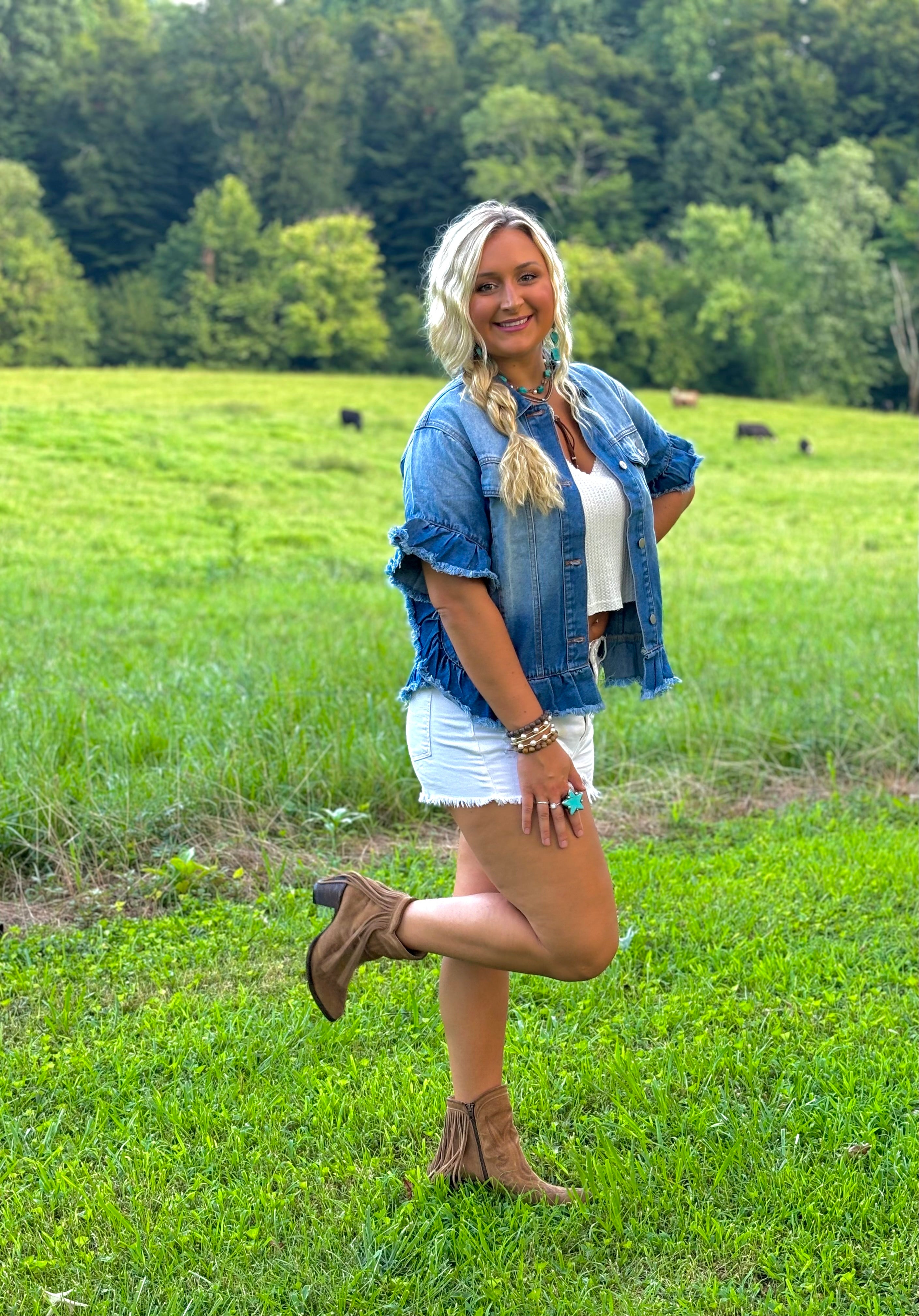 Ruffled Short Sleeve Denim Jacket