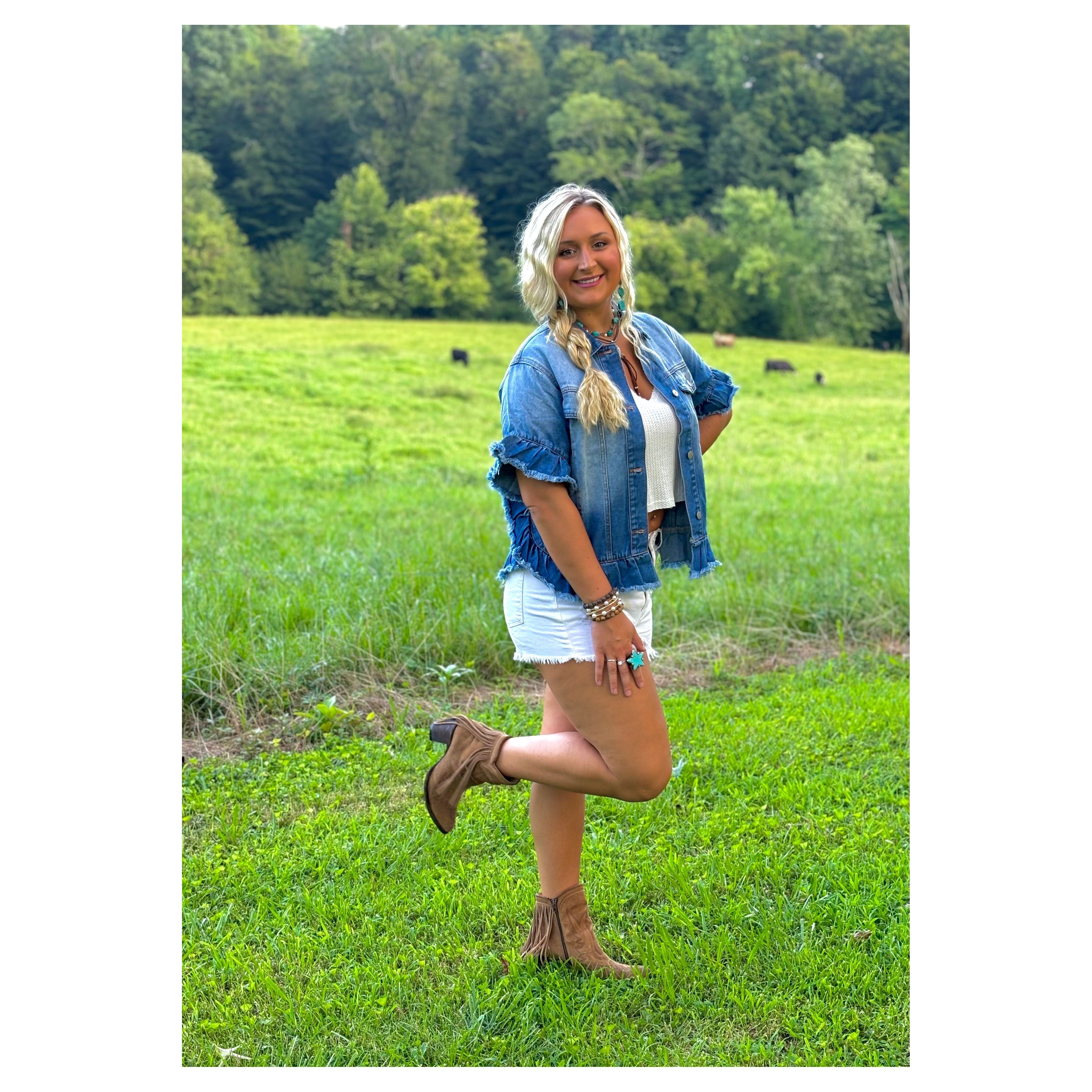 Ruffled Short Sleeve Denim Jacket