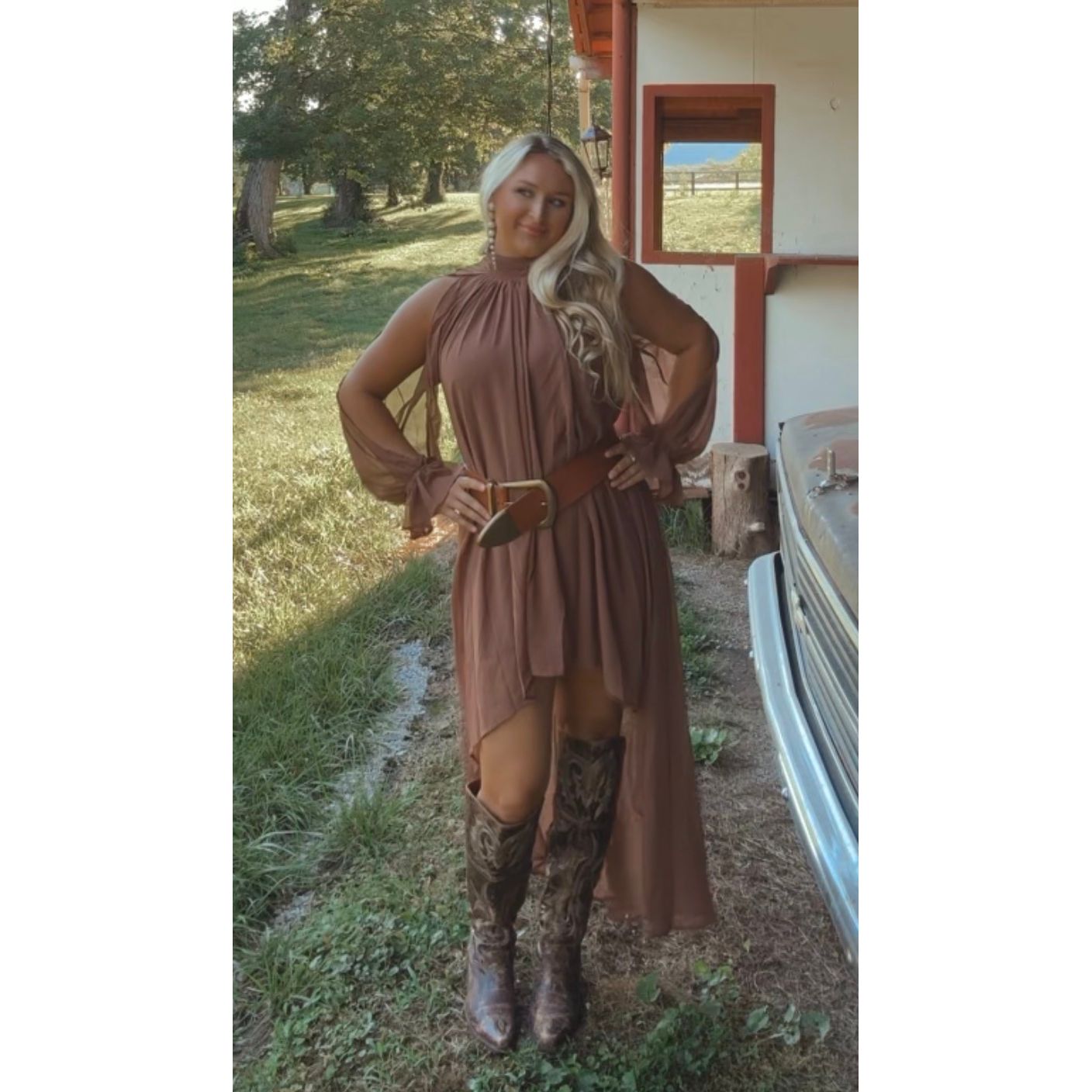 Elegant High Low Flowy Dress In Brown