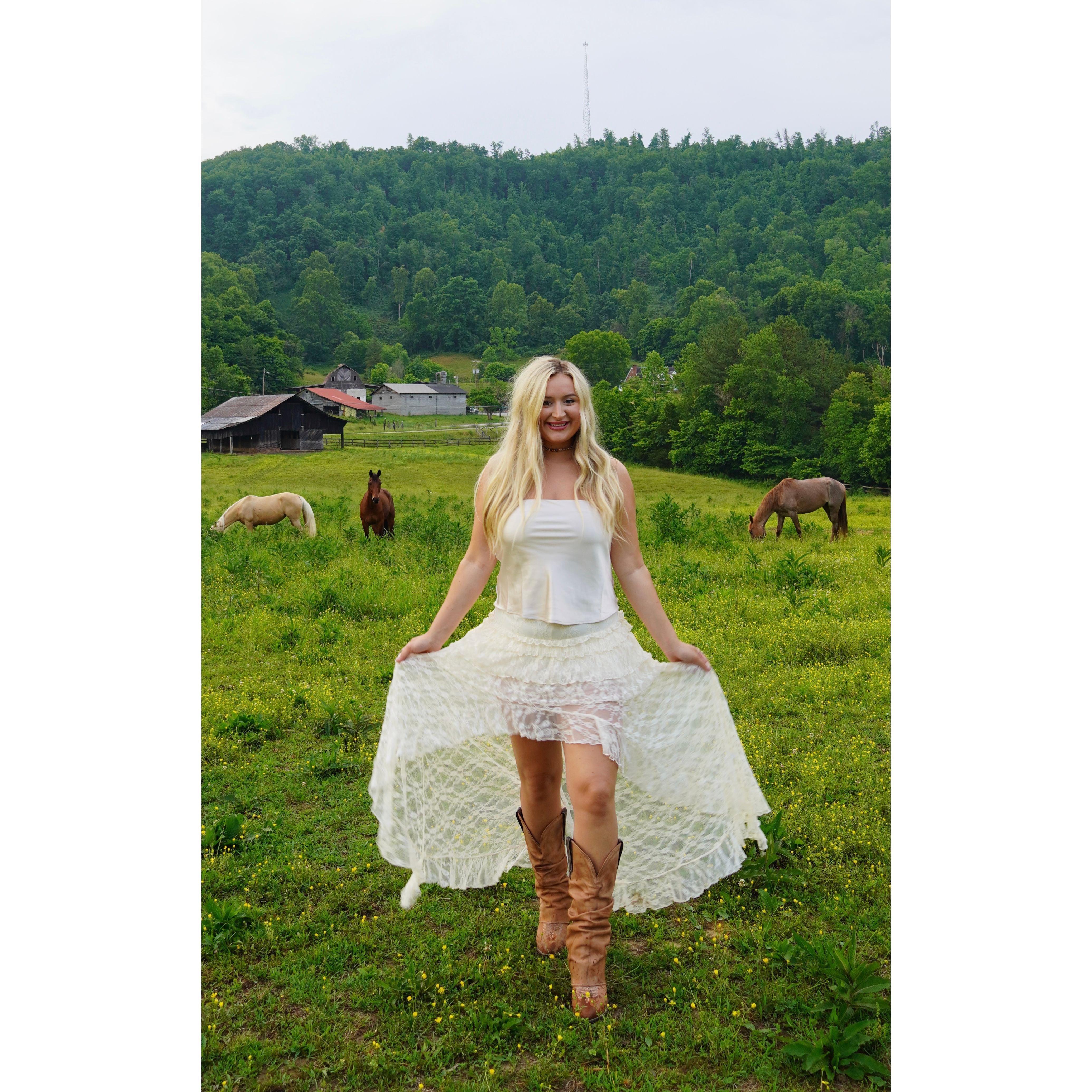 Cream Lace Ruffle Tiered High-Low Maxi Skirt