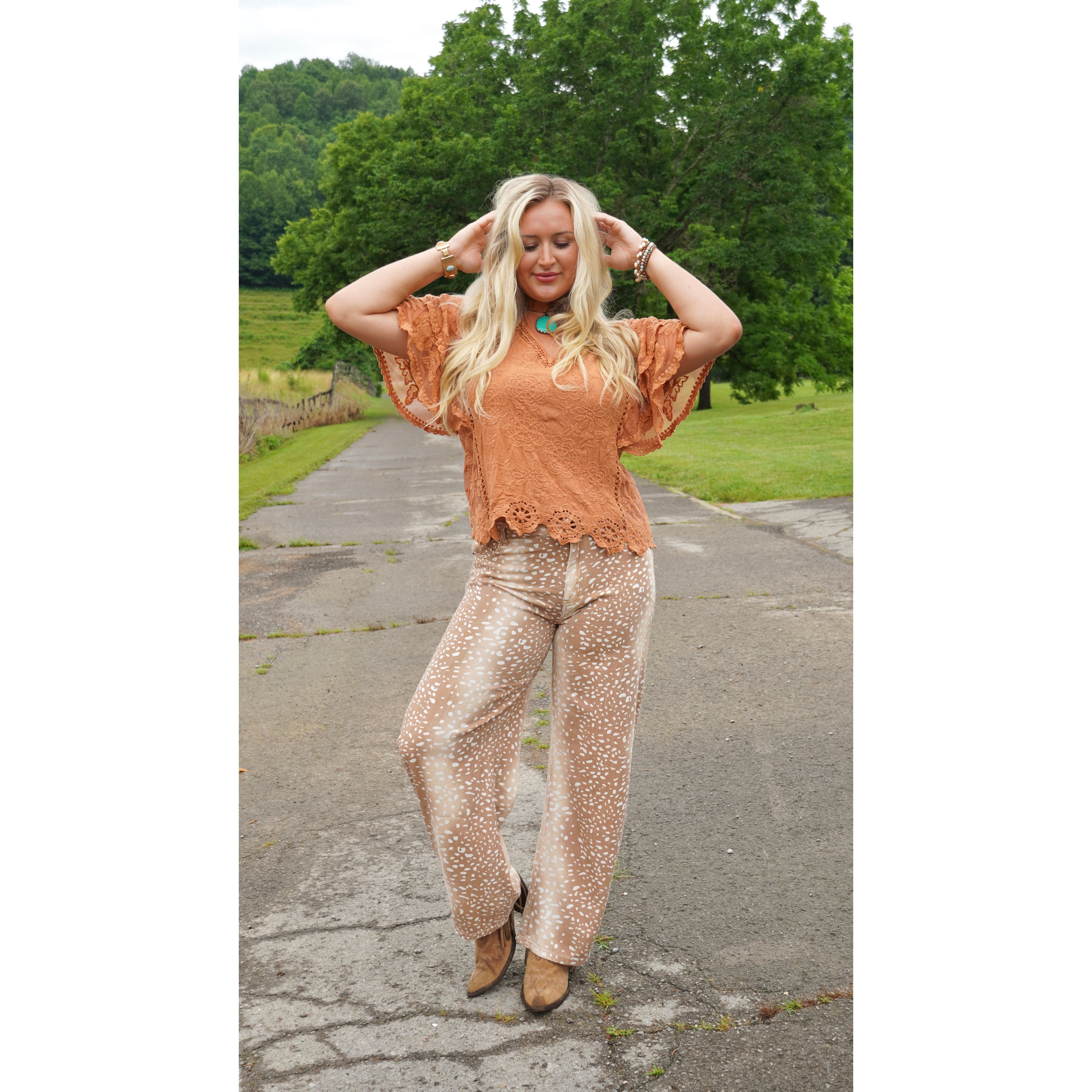 POL: Burnt Orange Lace Ruffled Sleeve Top