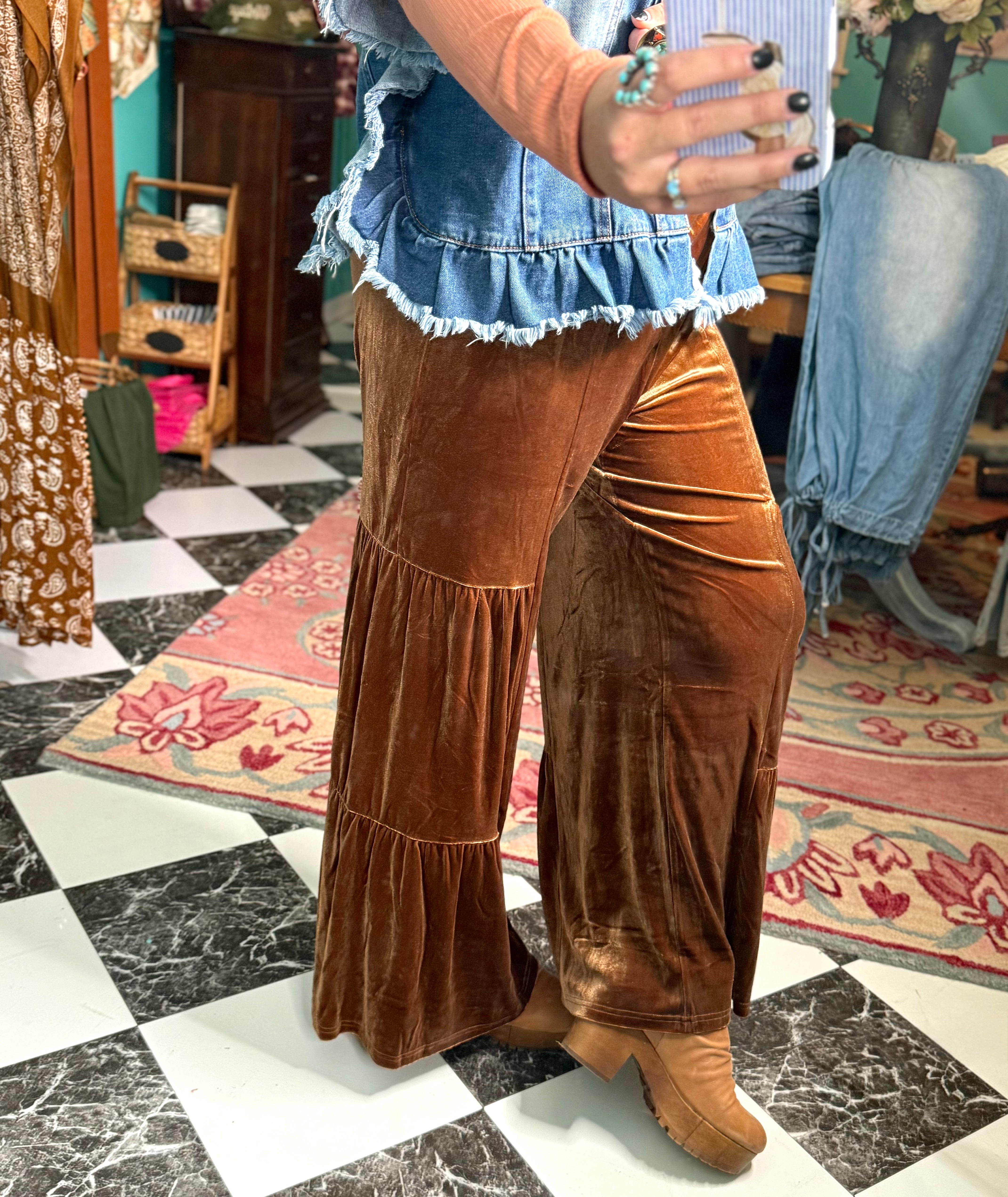 The Classy Copper Tiered Velvet Pants