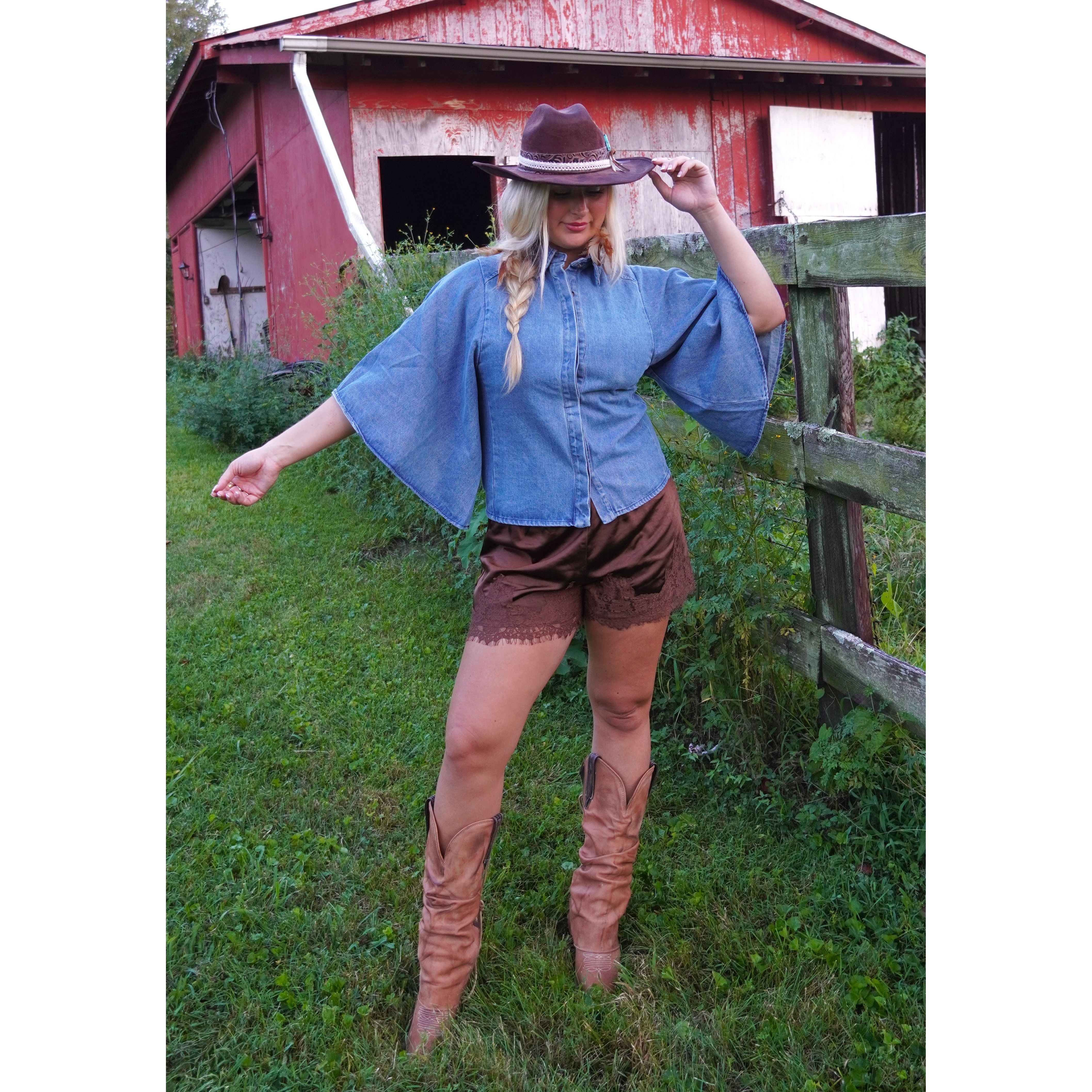 Trumpet Sleeve Denim Top