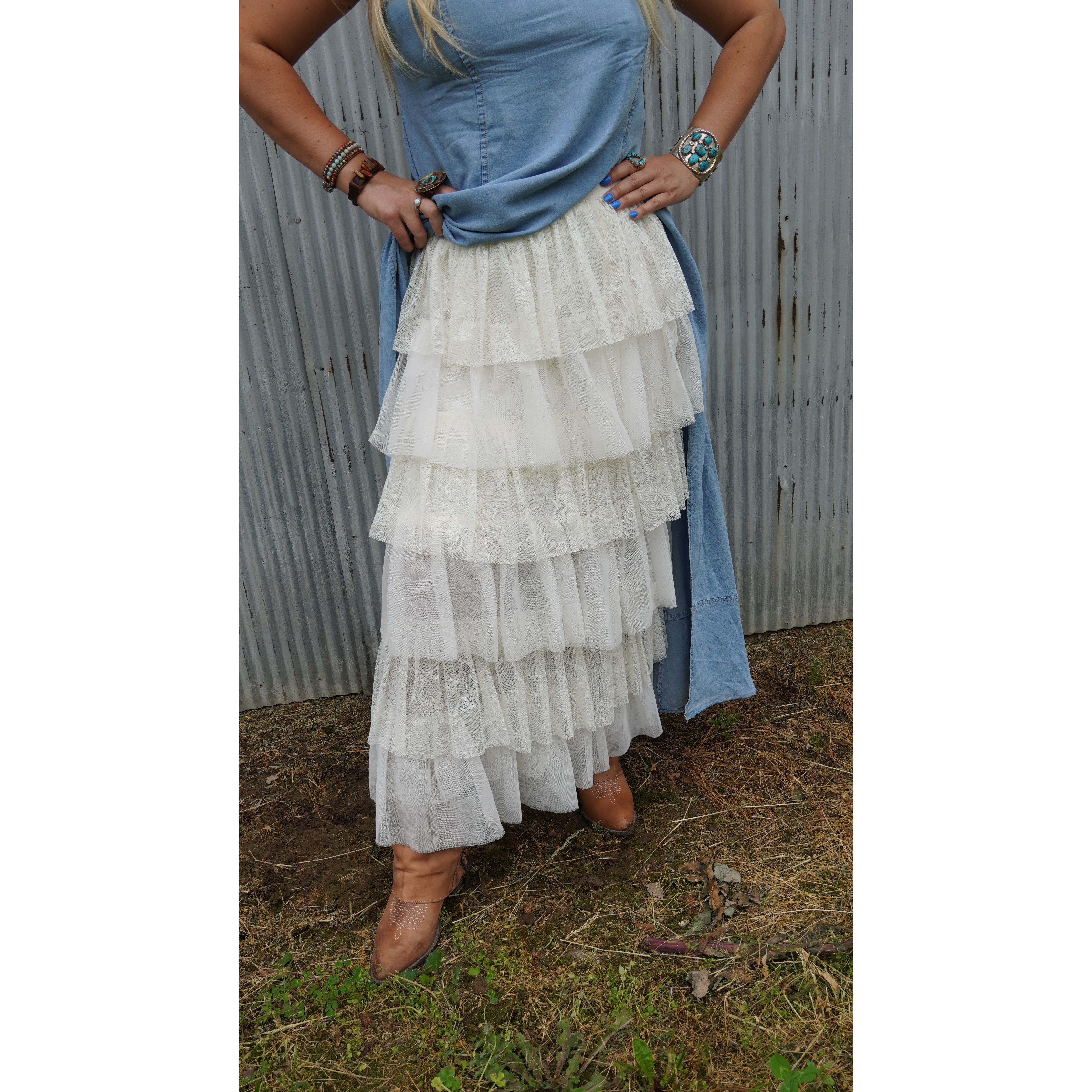 White Lace Ruffled Tiered Maxi Skirt