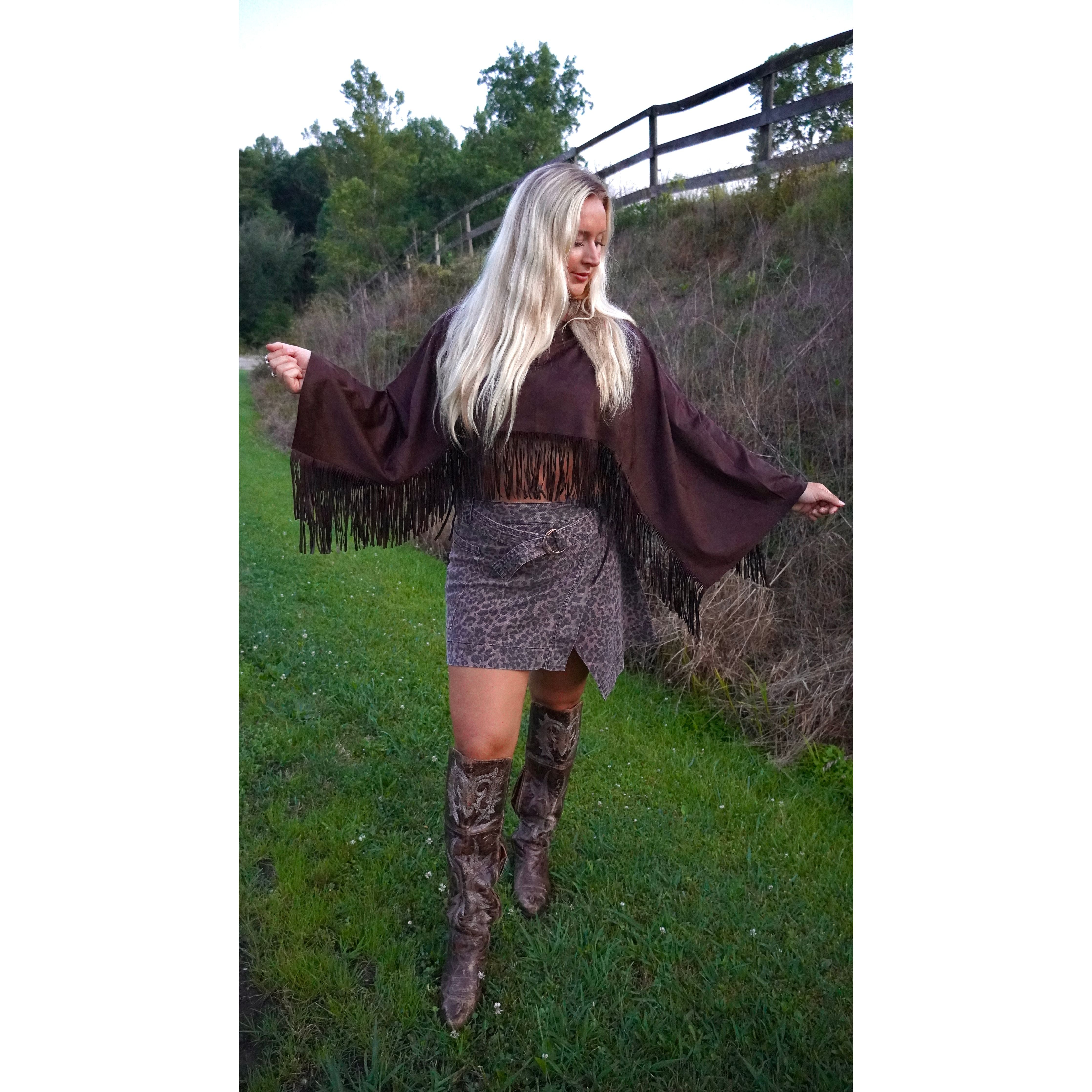 Chocolate Faux Suede Flowy Fringe Poncho
