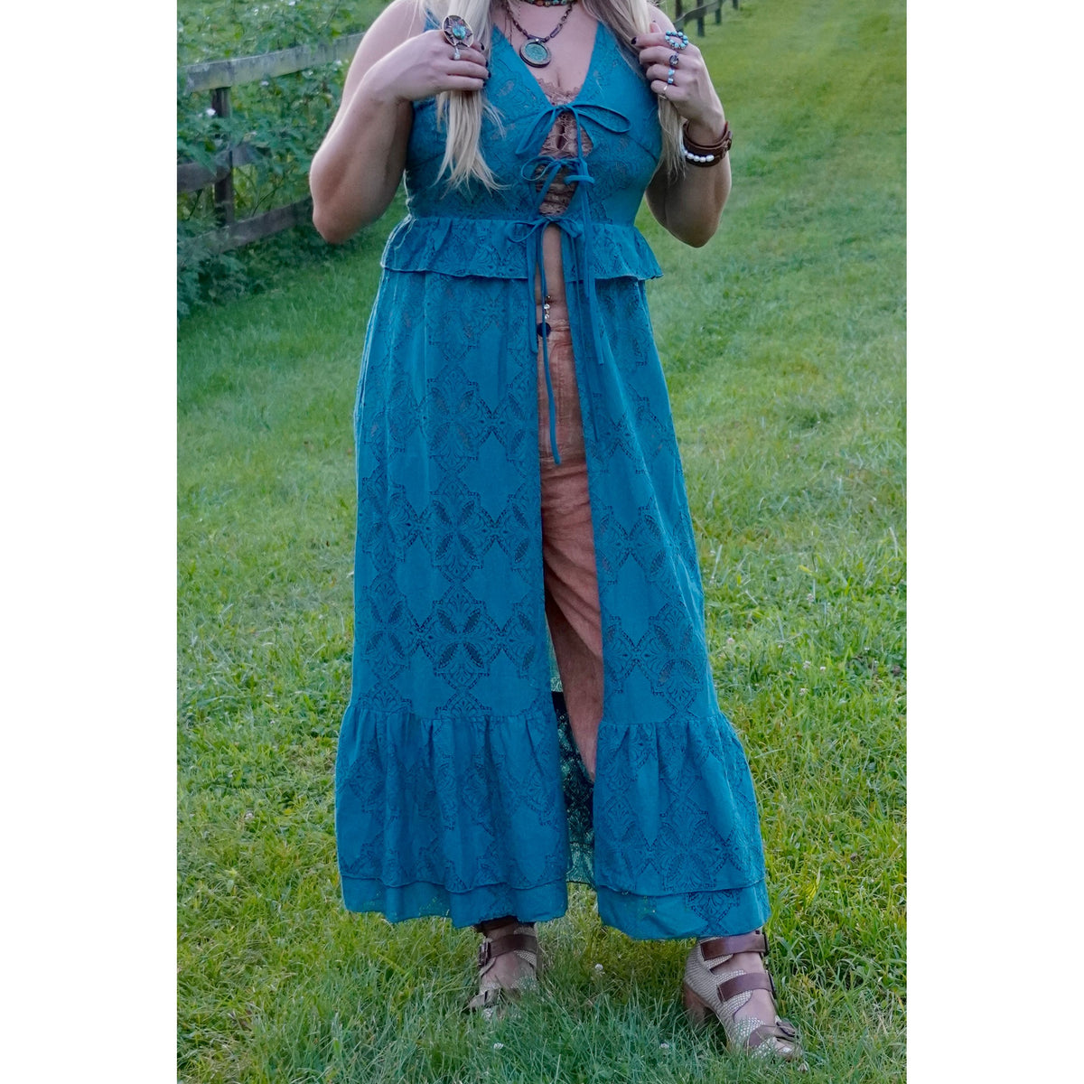 Teal Floral Lace Ruffled Tie Front Maxi Top