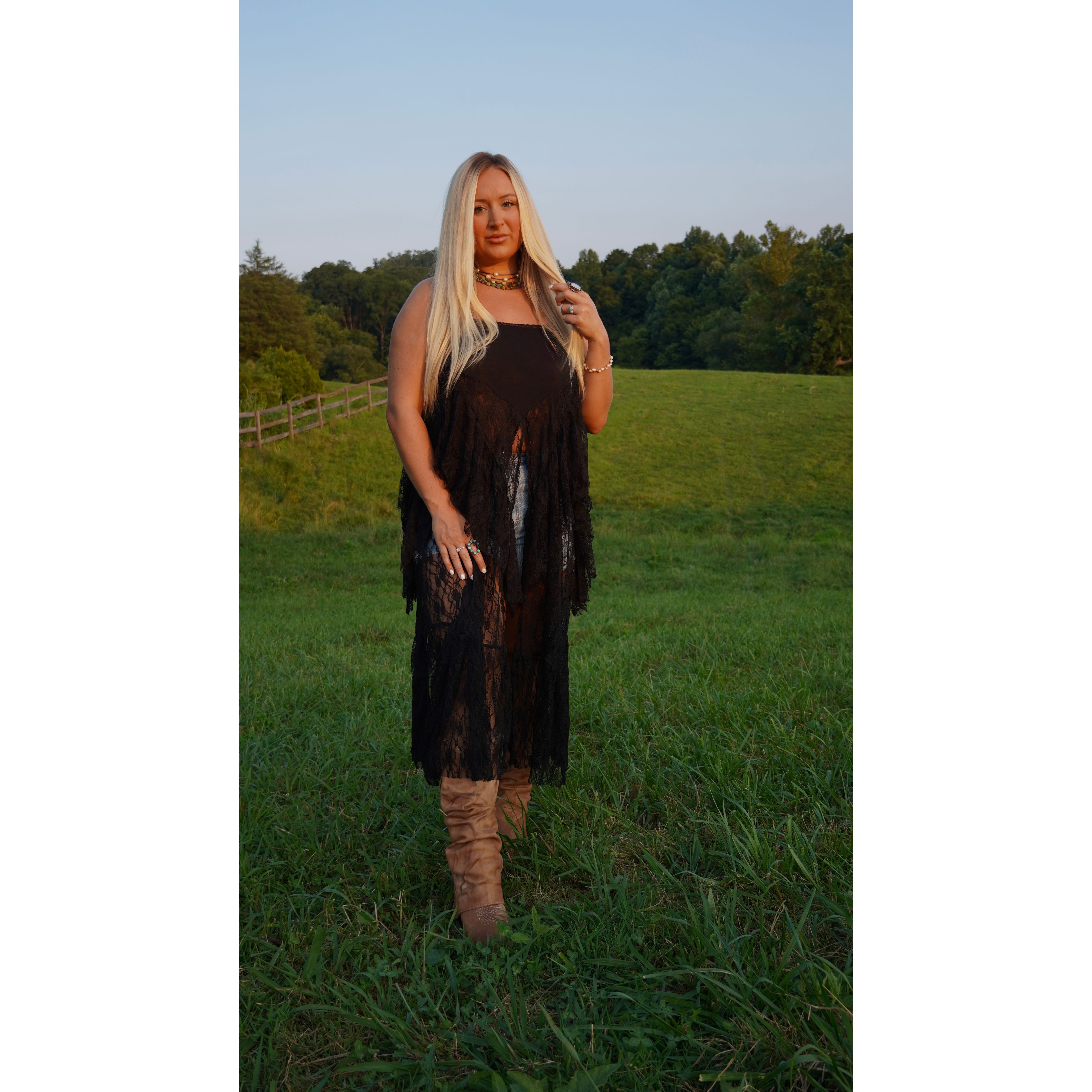 Black Ruffled Lace Flyaway Maxi Cami Top