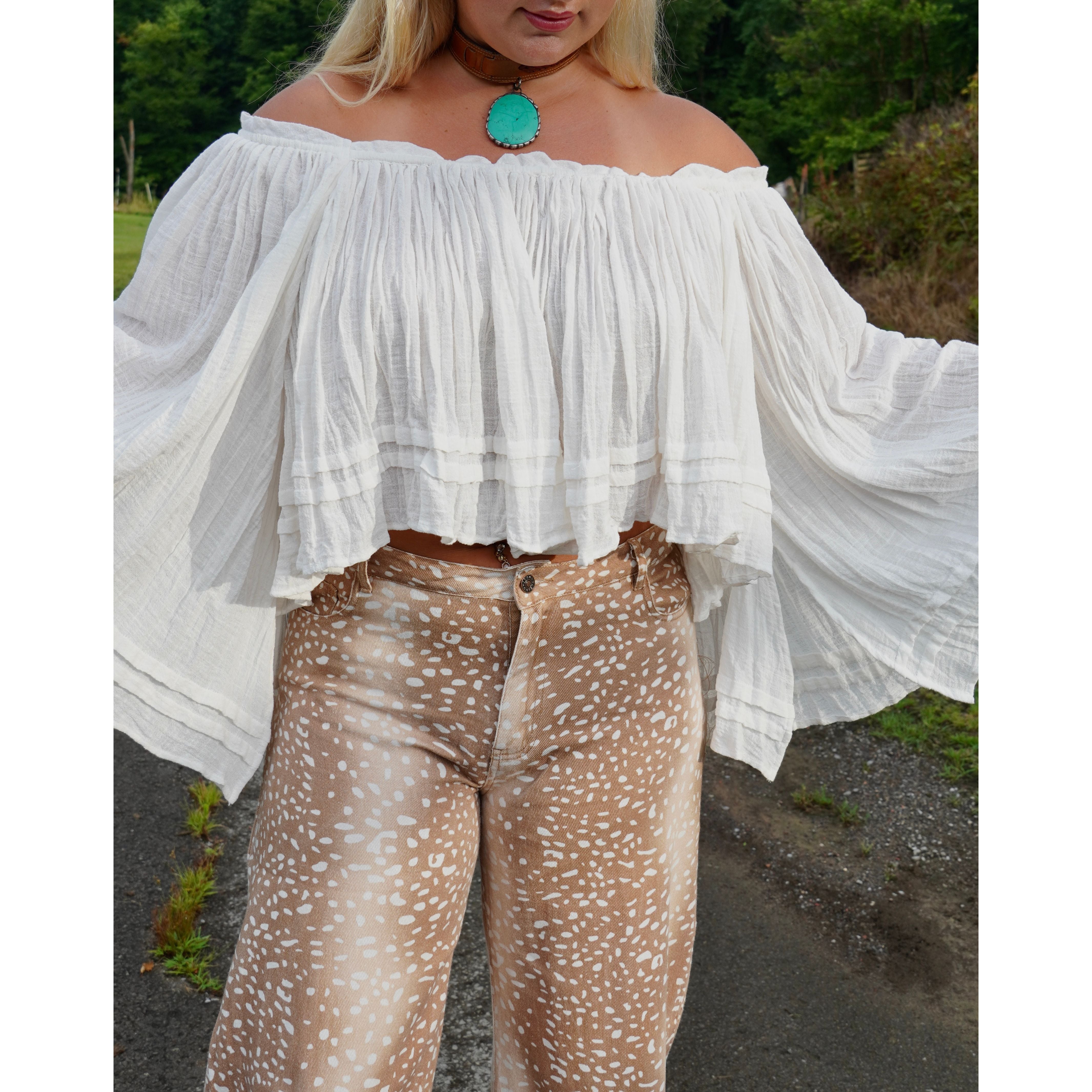 White Cotton Off Shoulder Angel-Sleeve Top