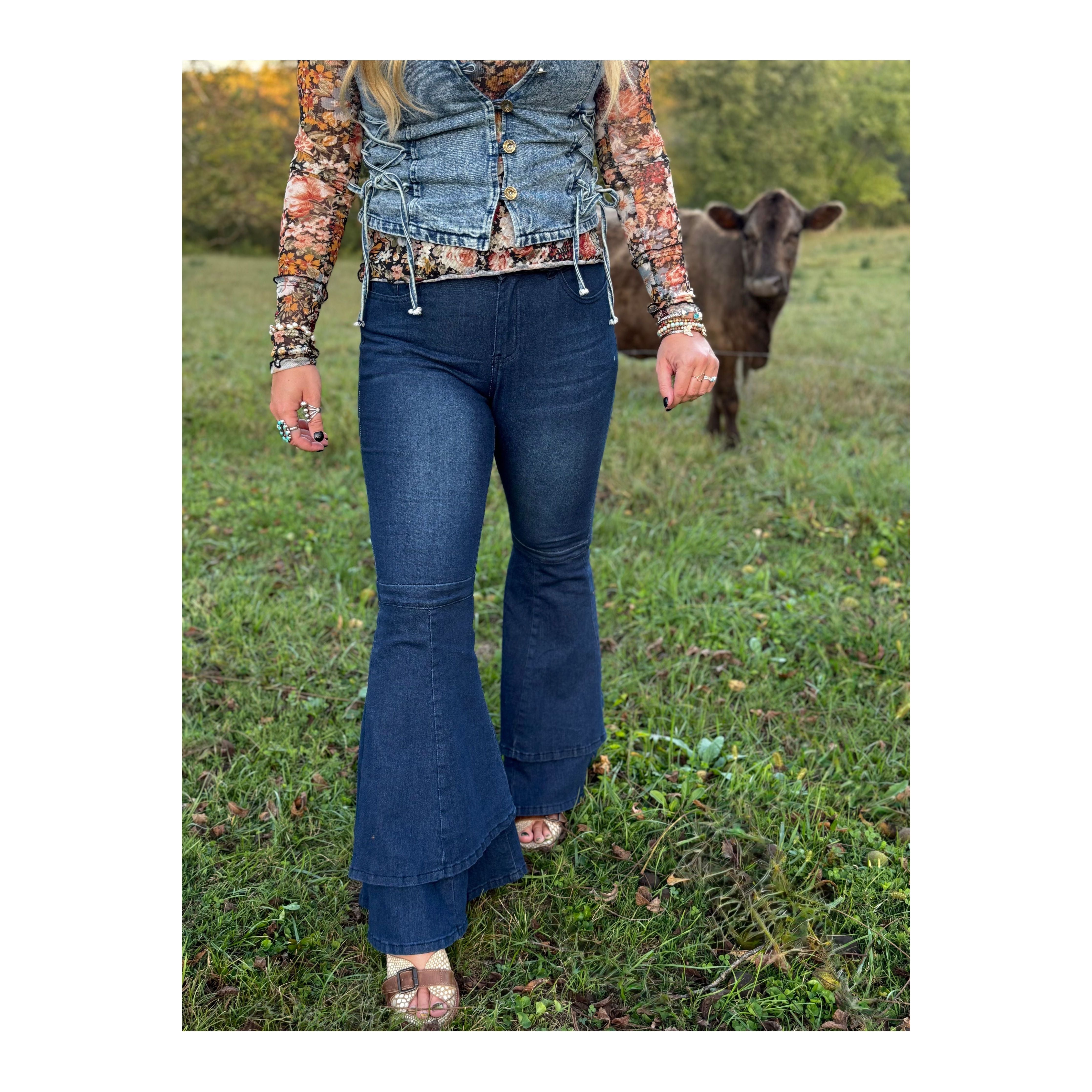 Jenny Layered Ruffle Flare Jeans Dark Wash