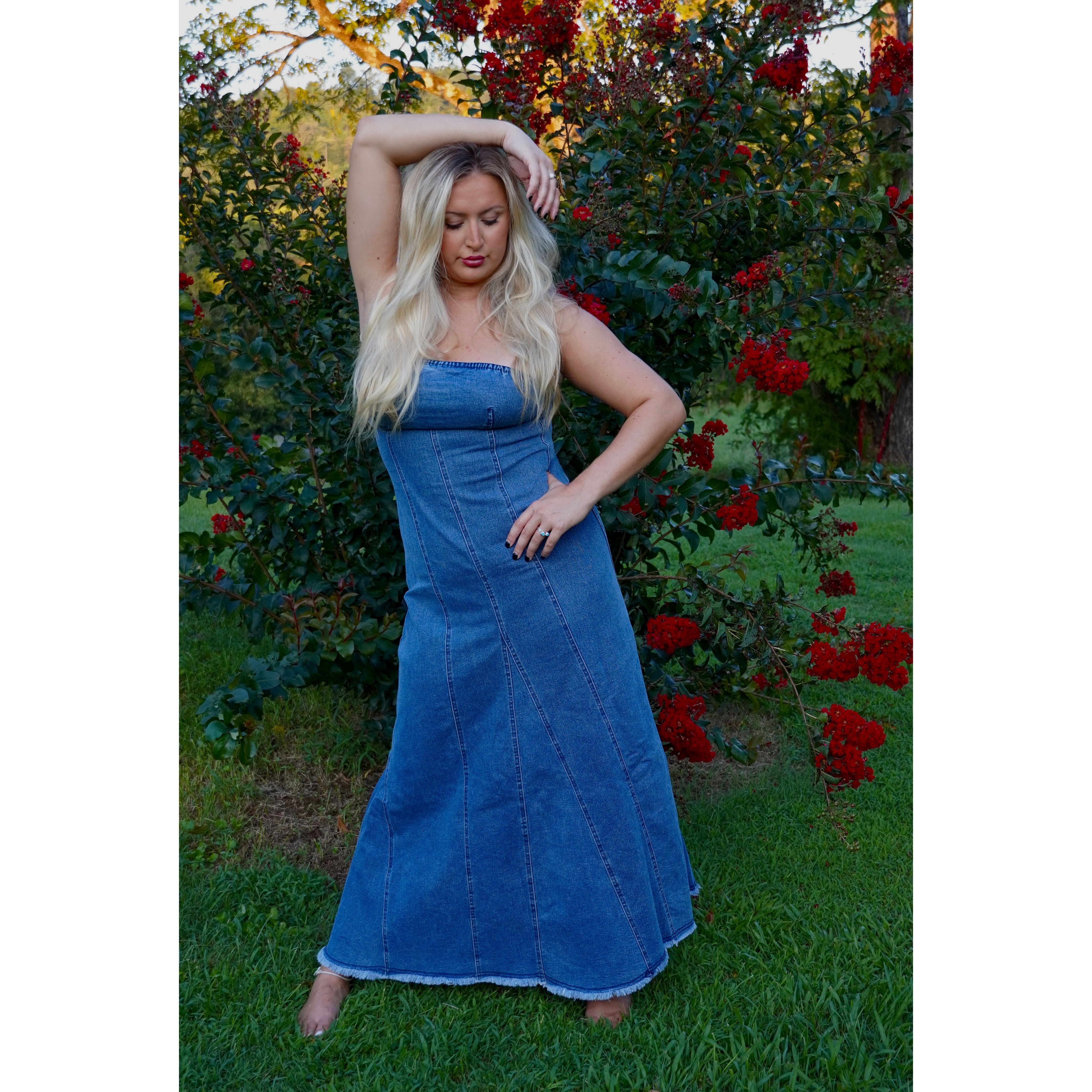 Strapless Denim Raw-Edge Flare Dress