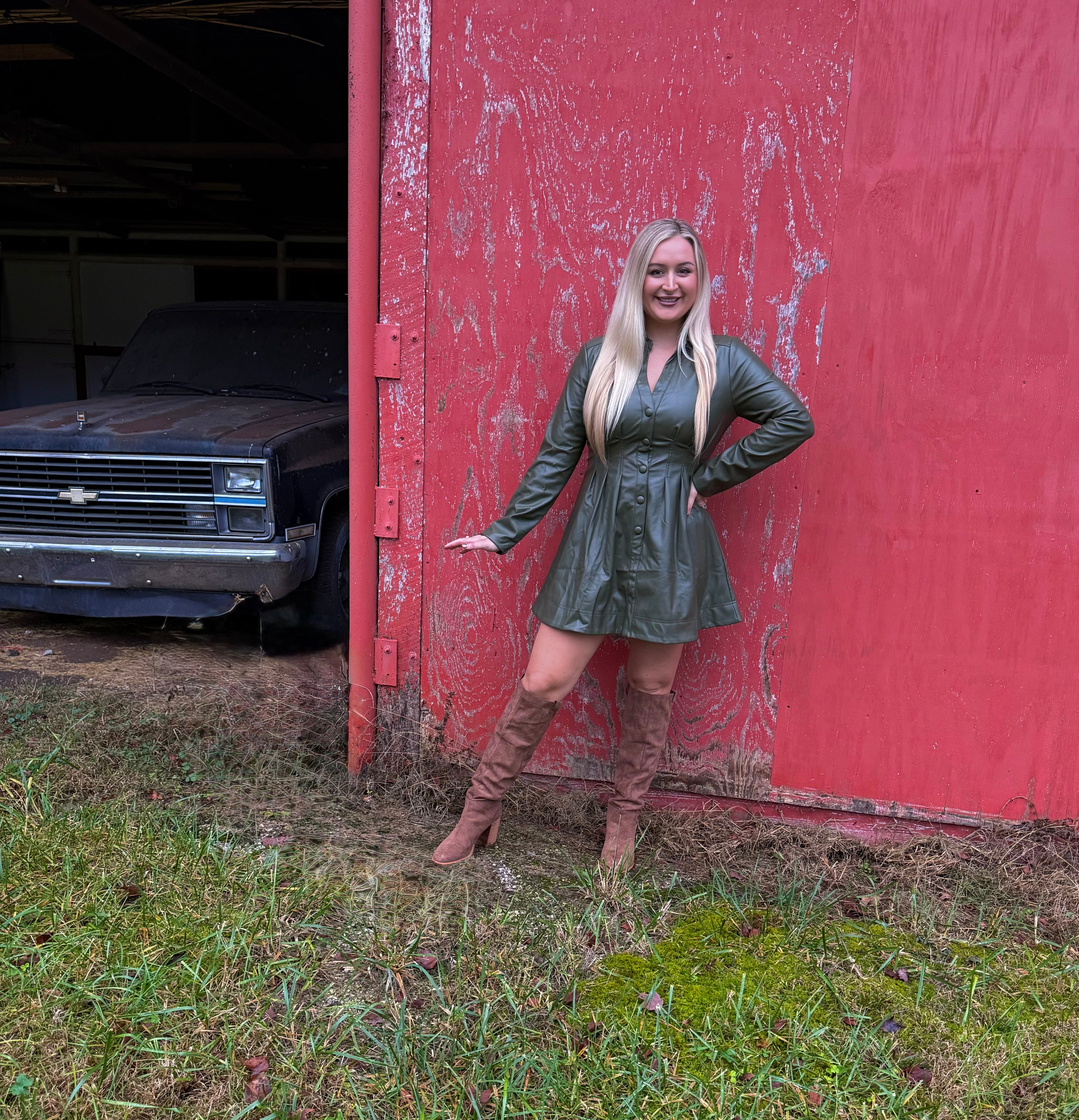 Olive Green Leather Flare Dress